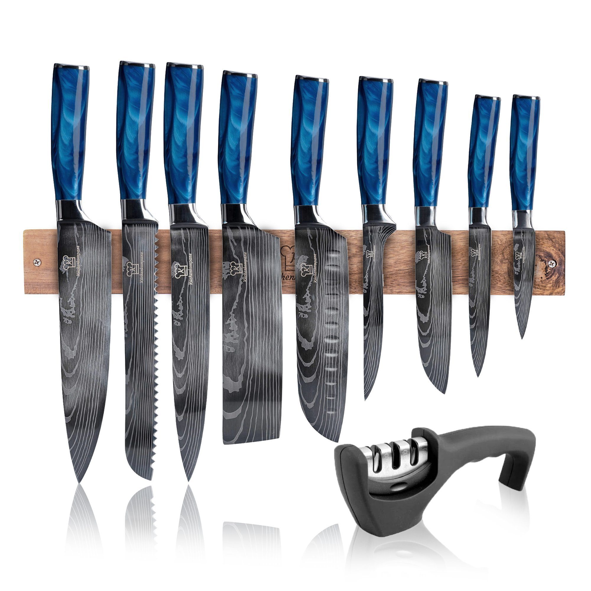 Küchenkompane Messer-Set »Bundle Premium Blau (Wandleiste) - Asiatische  Küchenmesser im Bundle - Das perfekte Bundle für deine Küche«  (Einzigartiger Epoxy-Griff, 7CR17 Edelstahl - Rostfrei, Lang anhaltende  Schärfe, Härtegrad von 60±2 HRC, Garantierte