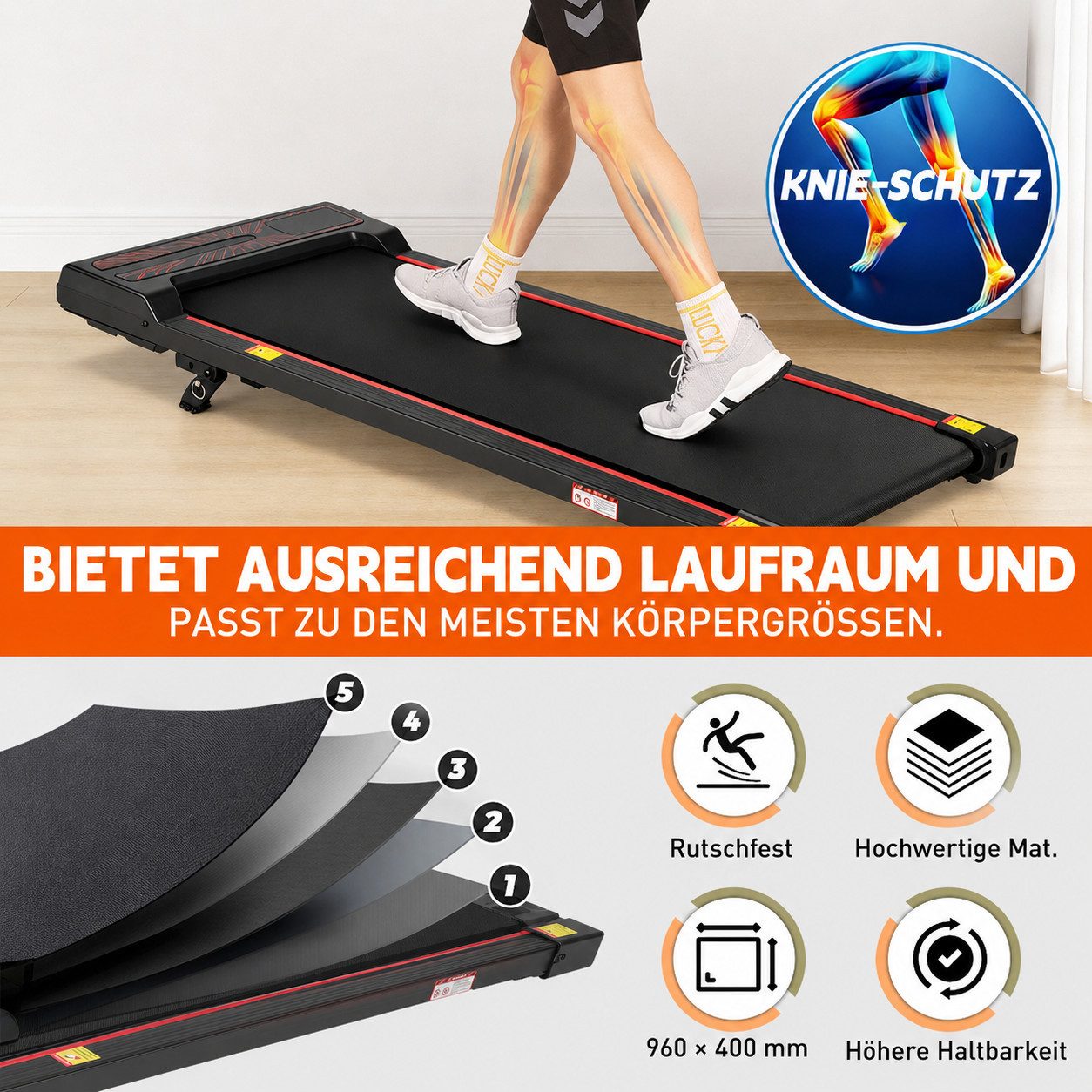 Vankel Laufband für Zuhause, Ultraflaches Laufband, 1-6 km/h (Fernbedienung), Platzsparend unter Bett oder Sofa verstaubar