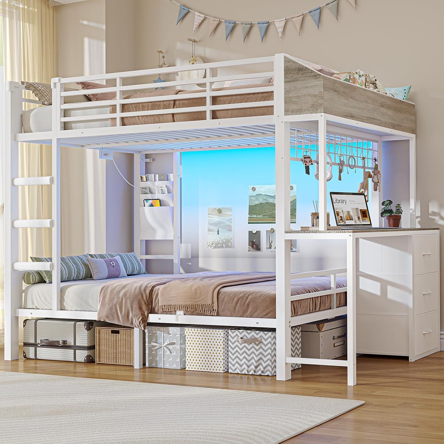 MSMASK Etagenbett mit Schreibtisch, LED-Beleuchtung und Ladestation, modernes Jugendbett (1-St., Ohne Matratze), Hochbett mit 3 großen Schubladen, 90 x 200 cm