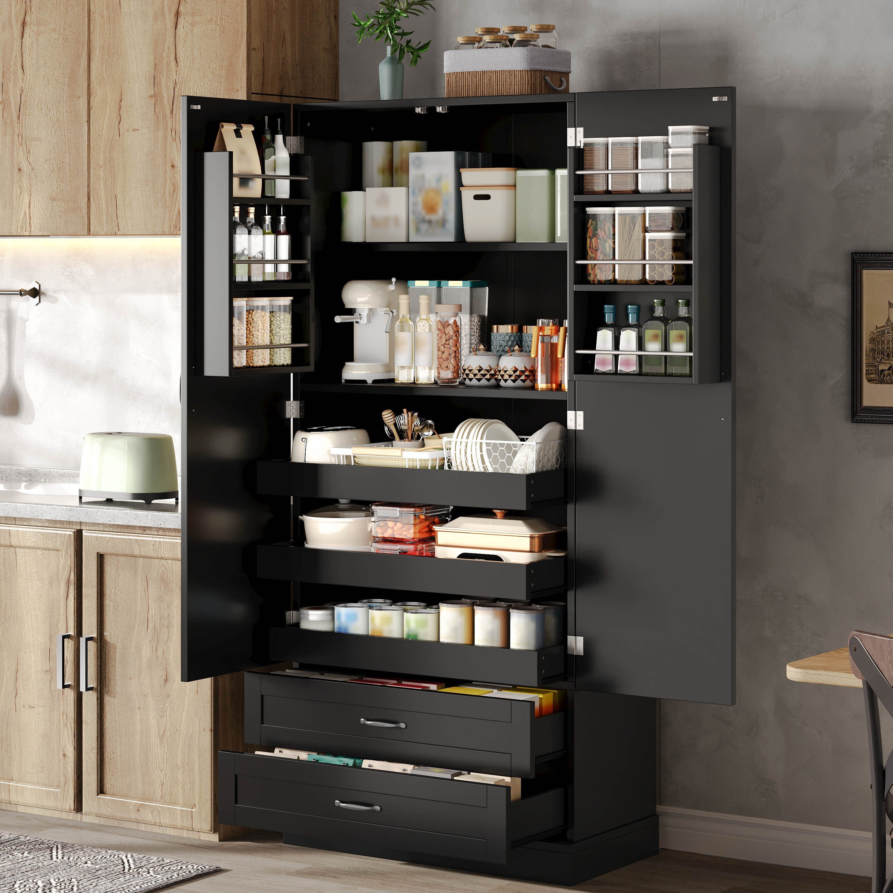 Odikalo Hochschrank Küchenschrank Küchenbuffet mit Ausziehböden Schubladen MDF (L80xB37.5xH180cm Freistehender Schrank mit Türregalen Kippsicherung Perfekt 3 Ausziehböden und Doppeltür-Hochschrank für Küche Esszimmer & Wohnzimmer)