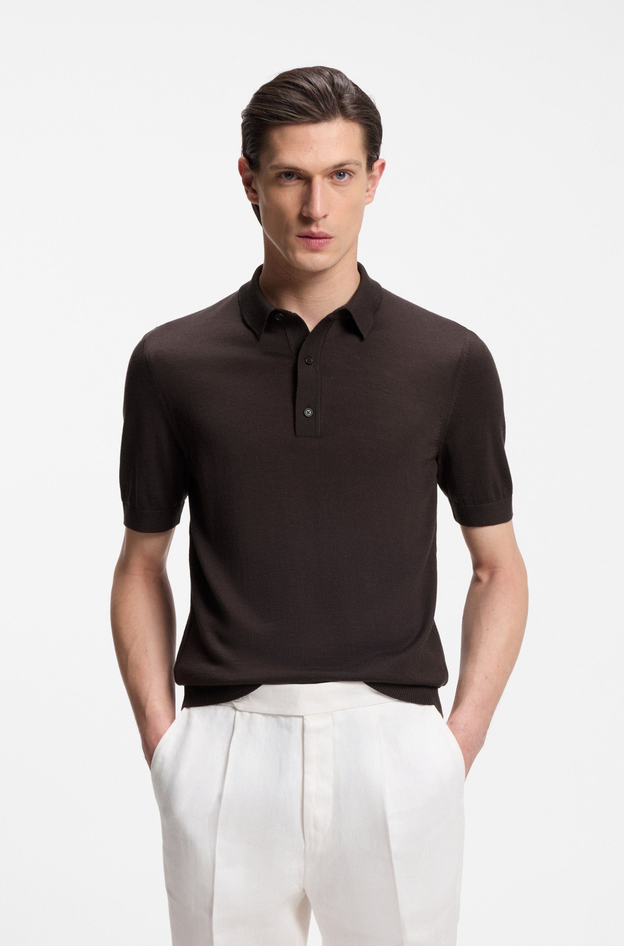 BOSS Kurzarmpullover Nolano aus Schurwolle, Polokragen