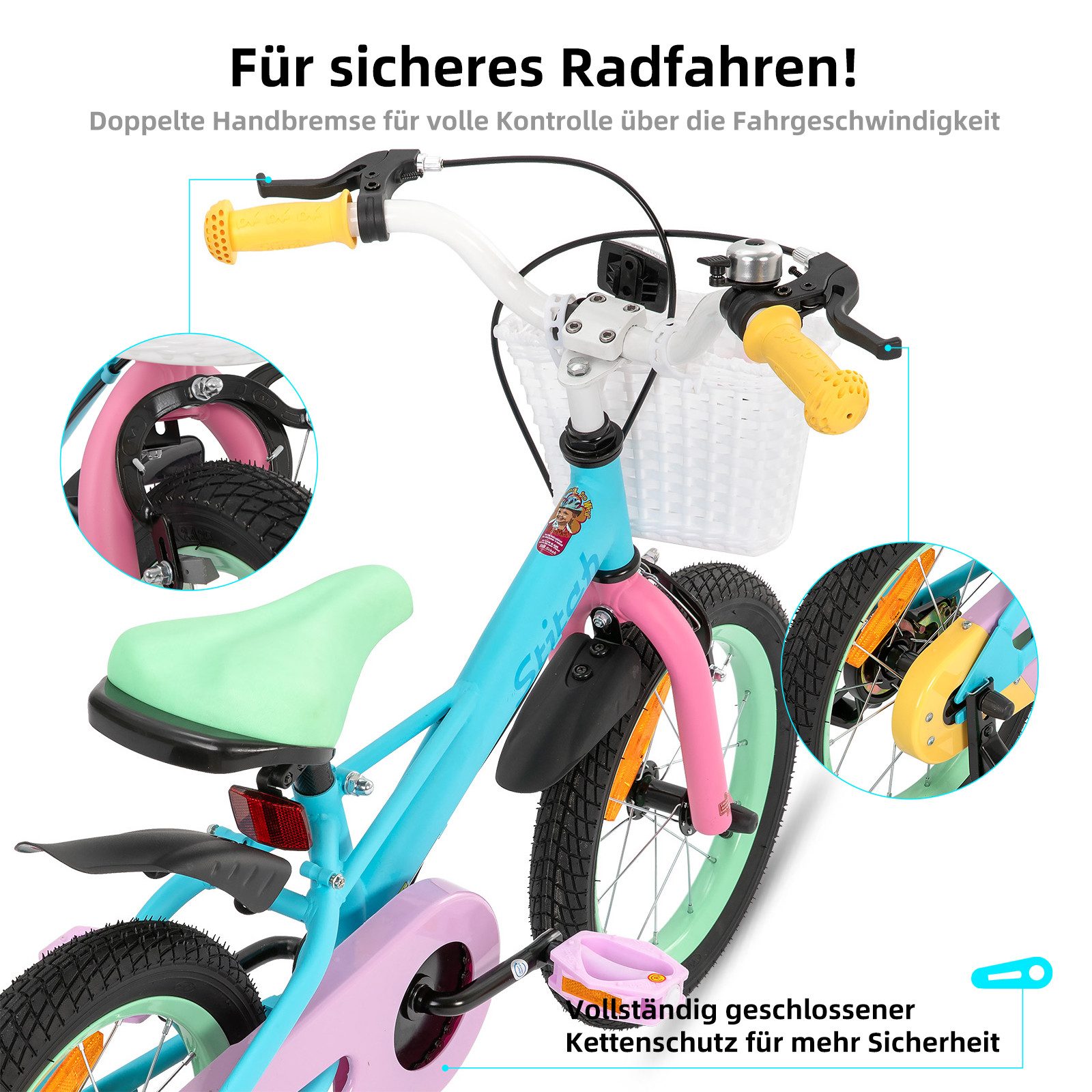 JOYSTAR Kinderfahrrad Macarons 12 14 16 18 Zoll fahrrad für 2-9 jährige Mädchen & Jungen, mit Korb,Stützrädern, Kotflügel, Korb, Fahrradklingel, Reflektorplatte