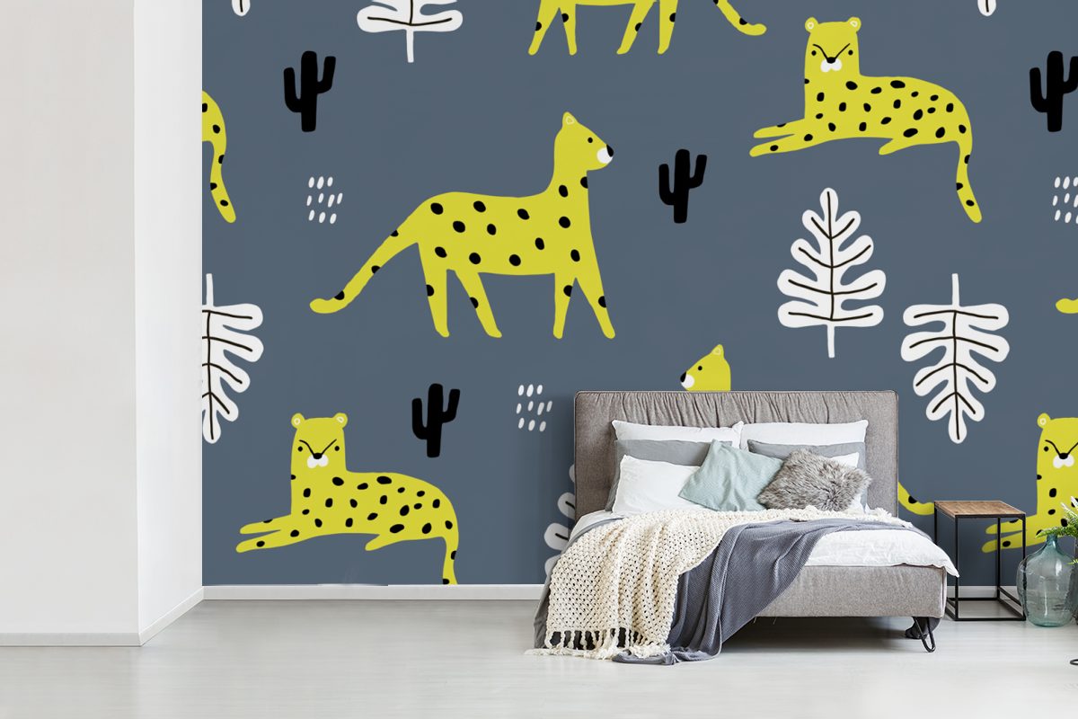 Leopard bedruckt, Vinyl MuchoWow - Wallpaper Blatt Kinderzimmer, - Muster, Wohnzimmer, (6 Fototapete St), Schlafzimmer, für Matt, Tapete