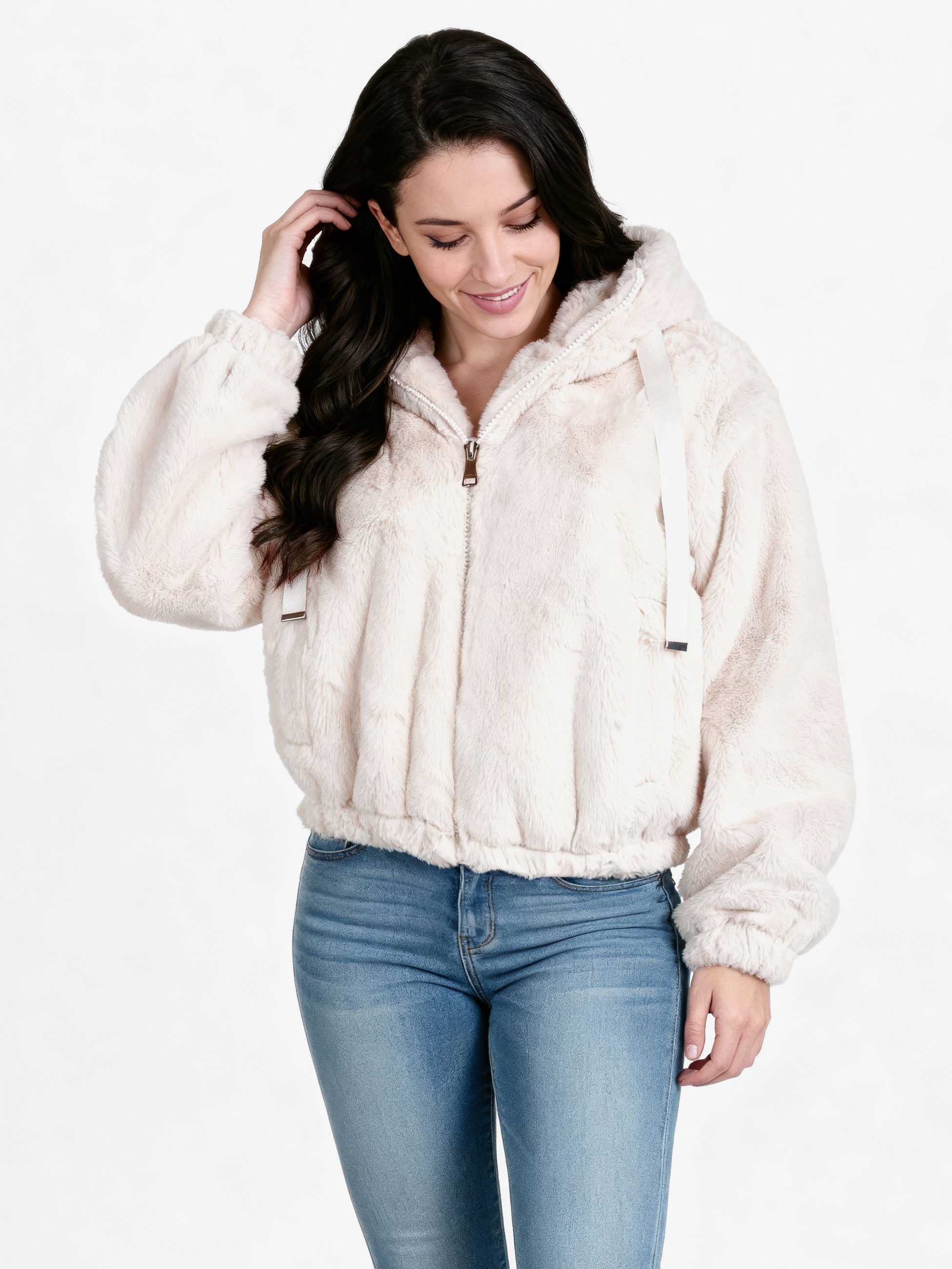 PEKIVESSA Fellimitatjacke Gefütterte Kapuzenjacke aus Kunstfell kuschelweich mit Reißverschluss