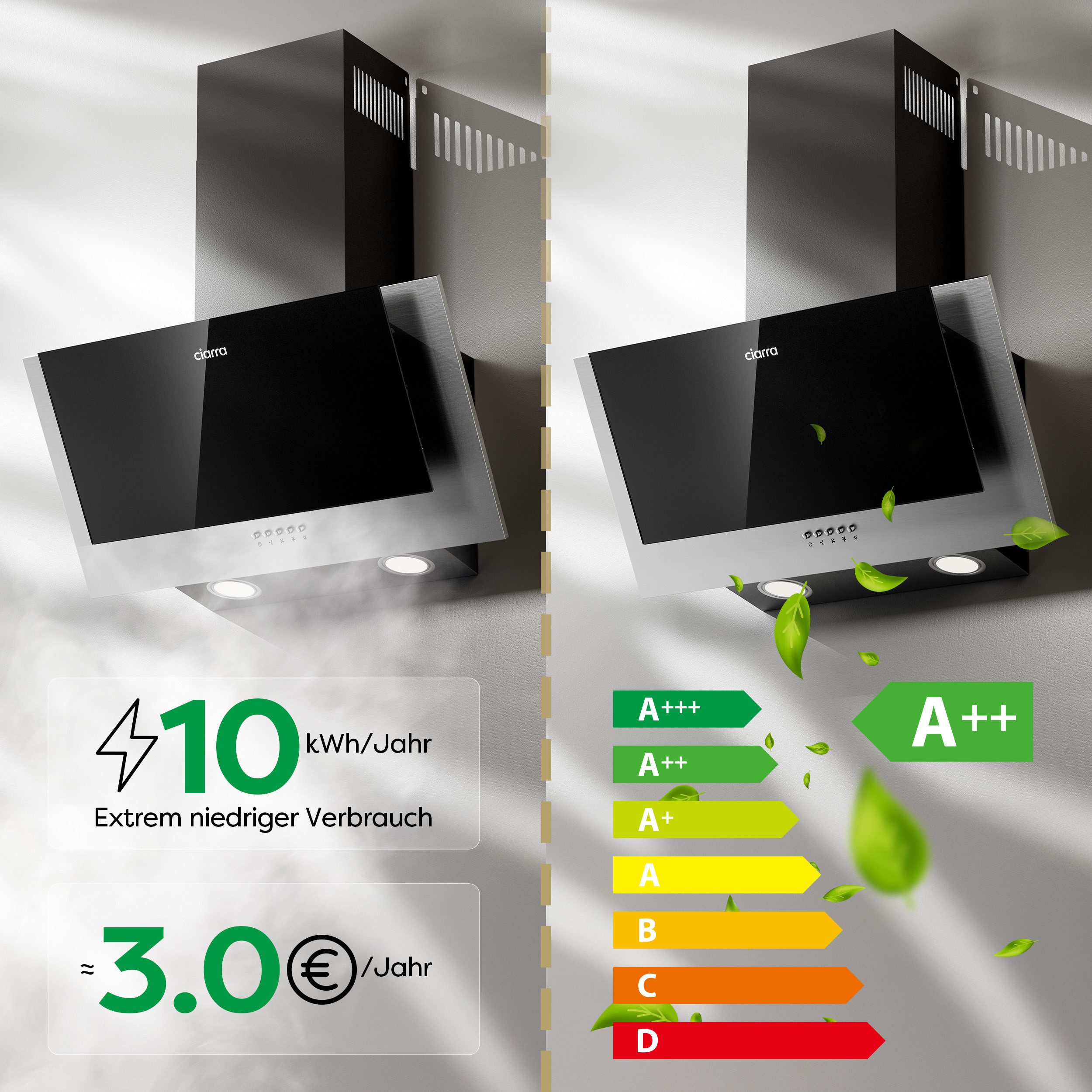 CIARRA Kopffreihaube 60 cm Dunstabzugshaube Abluft & Umluft 3 Stufen A++ CBCB6736C Schräghaube 370 m³/h mit 2 Aktivkohlefilter & Fettilter, LED – Bild 2 von 5
