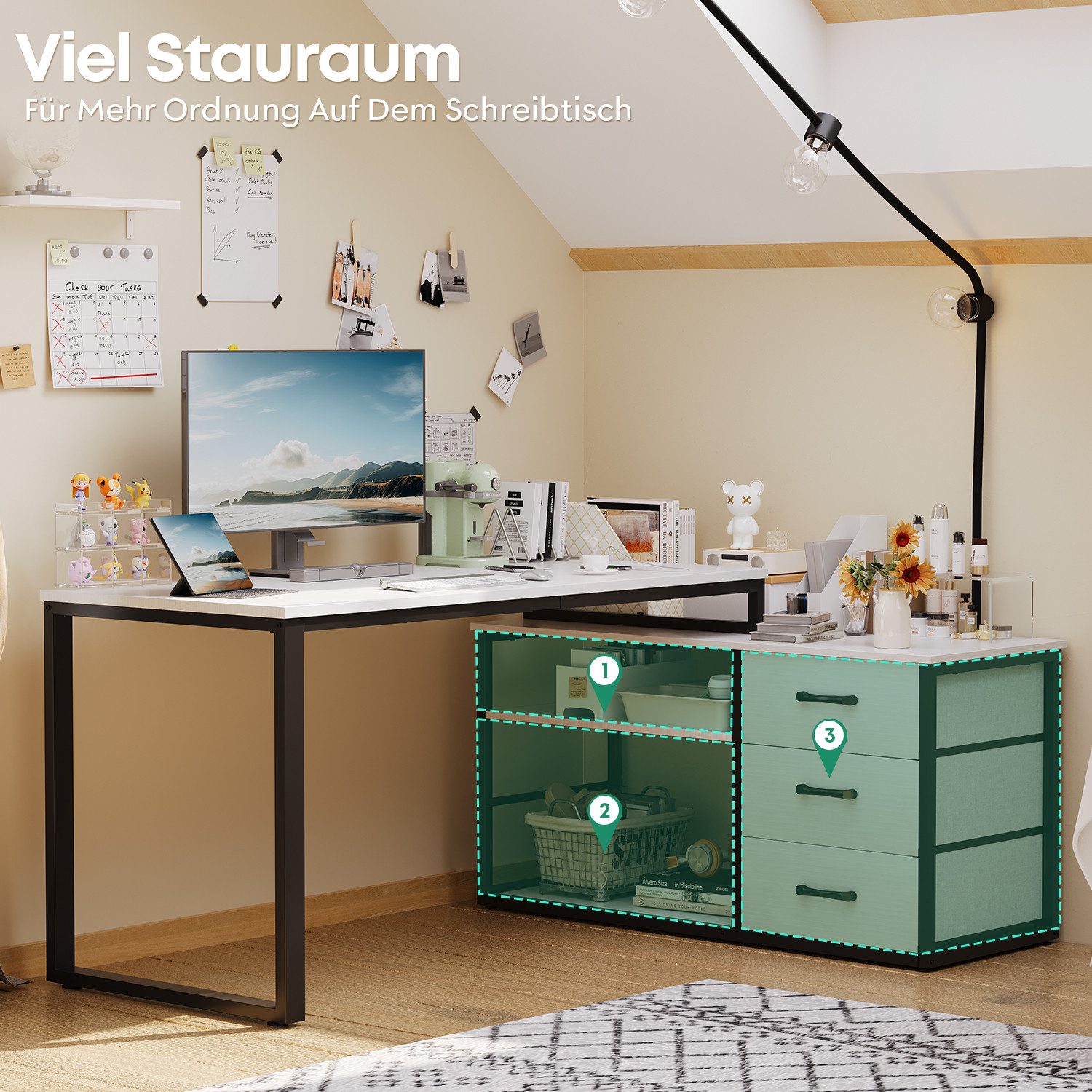 HOMALL Schreibtisch L-förmiger Eckschreibtisch mit USB-Anschluss und zwei Steckdosen. (Abmessungen: 140 x 105 x 75 cm, L-förmiger Schreibtisch Gamingtisch, umwa – Bild 5 von 5