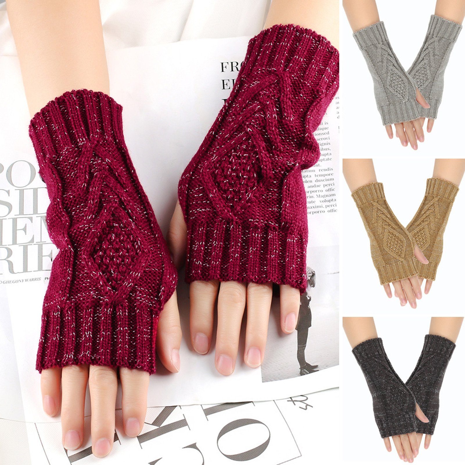 Fäustlinge Rutaqian Trikot-Handschuhe 1 Strick Paar Wärmer Weinrot Winter Fingerhandschuhe, Halb