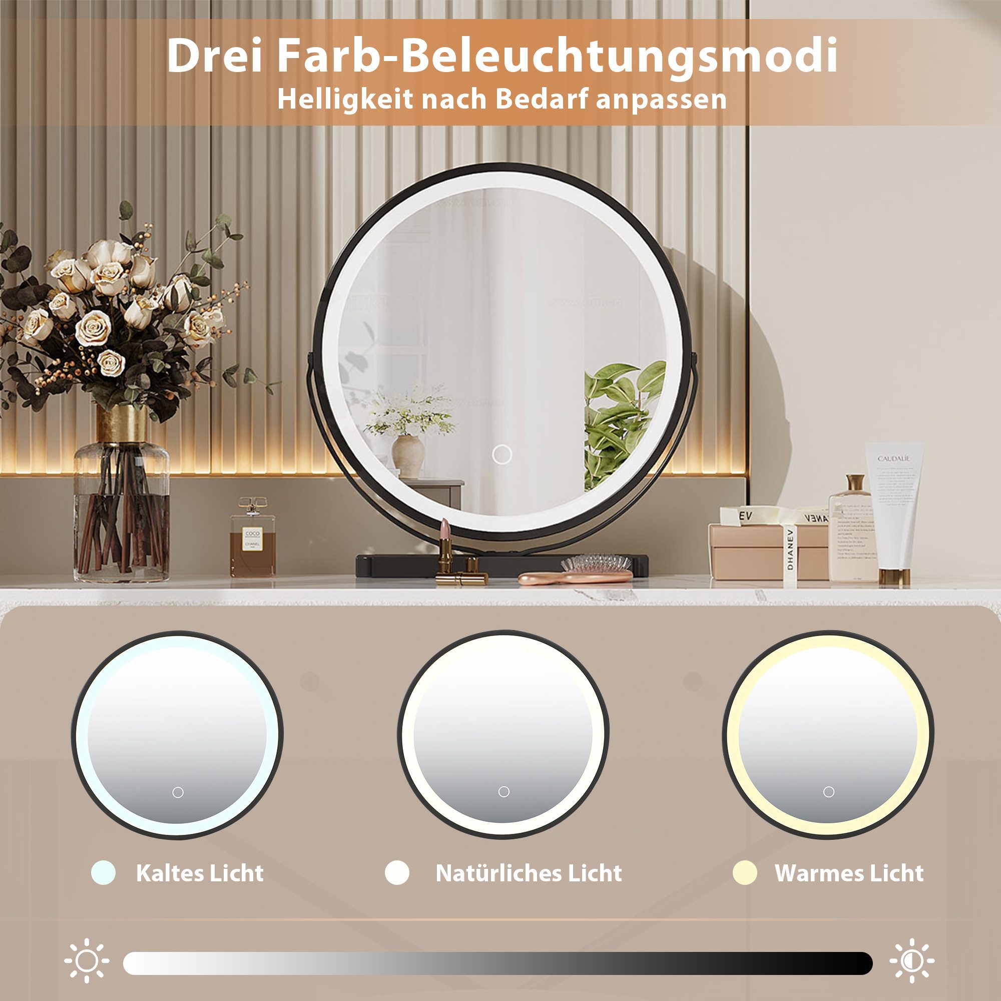 Celya Schminktisch Frisiertisch Kosmetiktisch mit LED-Spiegel und Hocker (mit 2 Schubladen, Tischplatte mit Marmoroptik, mit Fleecedekor), ideal für Schlafzimmer, Ankleidezimmer oder moderne Wohnräume