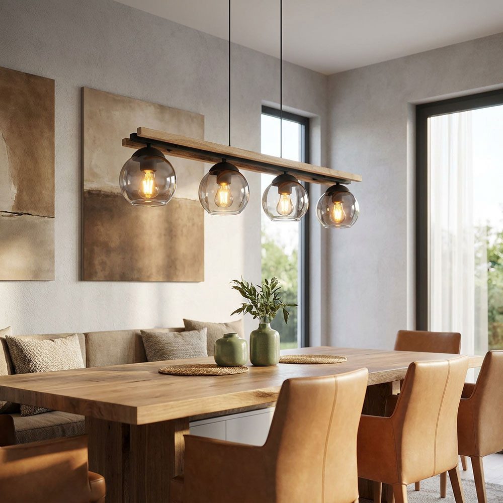 GLOBO LIGHTING Pendelleuchte, Leuchtmittel nicht inklusive, Hängelampe Wohnzimmerleuchte 4 Flammig Eichenholz Glas rauch L 120 cm