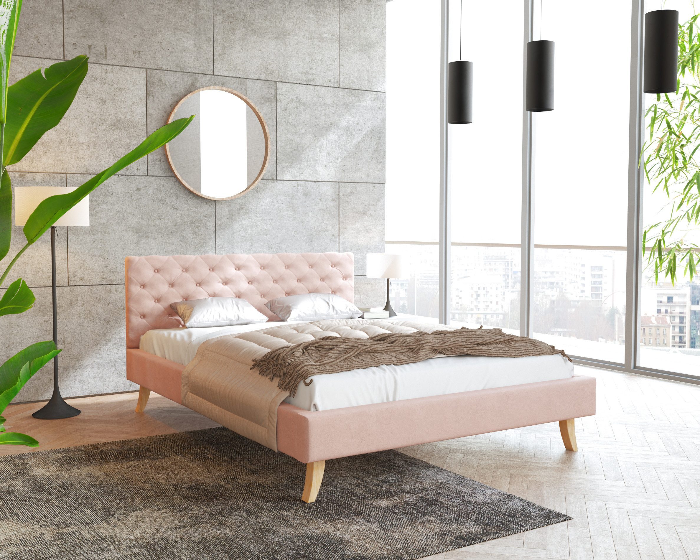 thematys Polsterbett mit Füßen – Velours Bettgestell 120x200–180x200 – inkl. Lattenrost - (modernes Design mit gepolstertem Kopfteil – optional mit Matratze, mit großen gepolsterten Kopfteil aus hochwertigem Veloursstoff), Holzrahmen mit Lattenrost