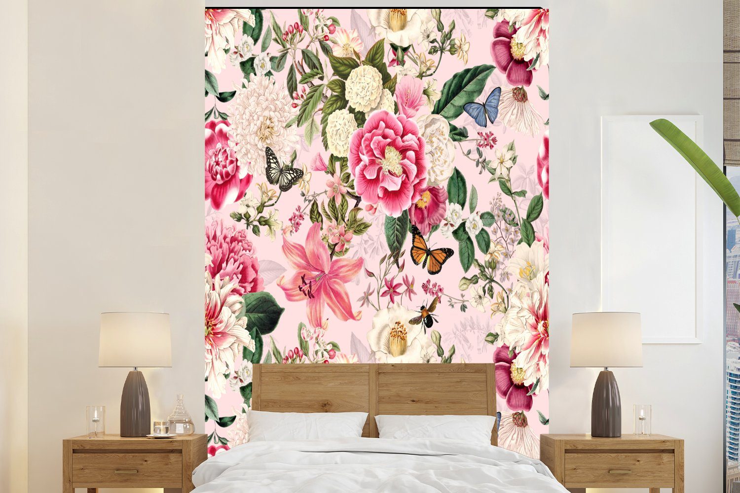 - Wandtapete bedruckt, Vinyl (3 St), MuchoWow Tapete Blumen Wohnzimmer, Schmetterlinge Montagefertig - Fototapete Matt, für Hortensie,
