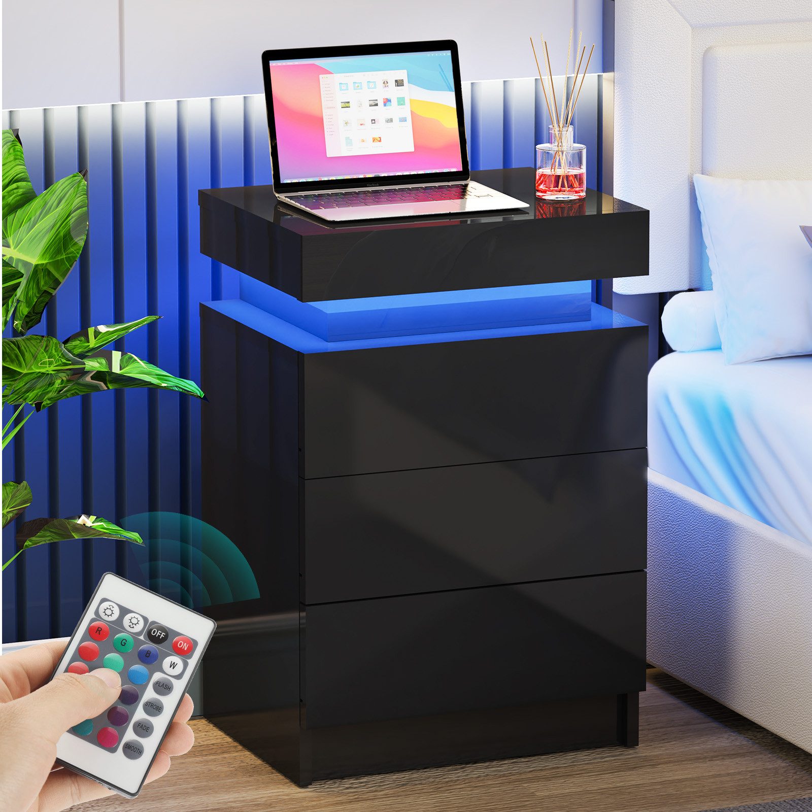 oyajia Nachttisch Hochglanz Nachtschrank mit 2 Schubladen,LED-Beleuchtung 16 Farben (Nachttisch mit LED Streifen, Beistelltisch), Nachttisch mit einstellbare Fa – Bild 5 von 5