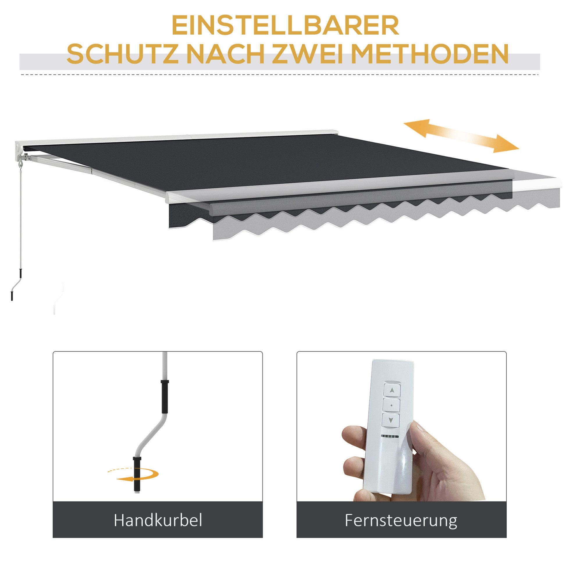 OKWISH Gelenkarmmarkise Markise 395x300 cm elektrisch Grau – Markise mit Handkurbel (Packung, 1-St., Aluminium Sonnendach 4x3m für Garten & Terrasse, stabile Konstruktion) Fernbedienung Balkonmarkise Wandmontage Sonnenschutz Outdoor