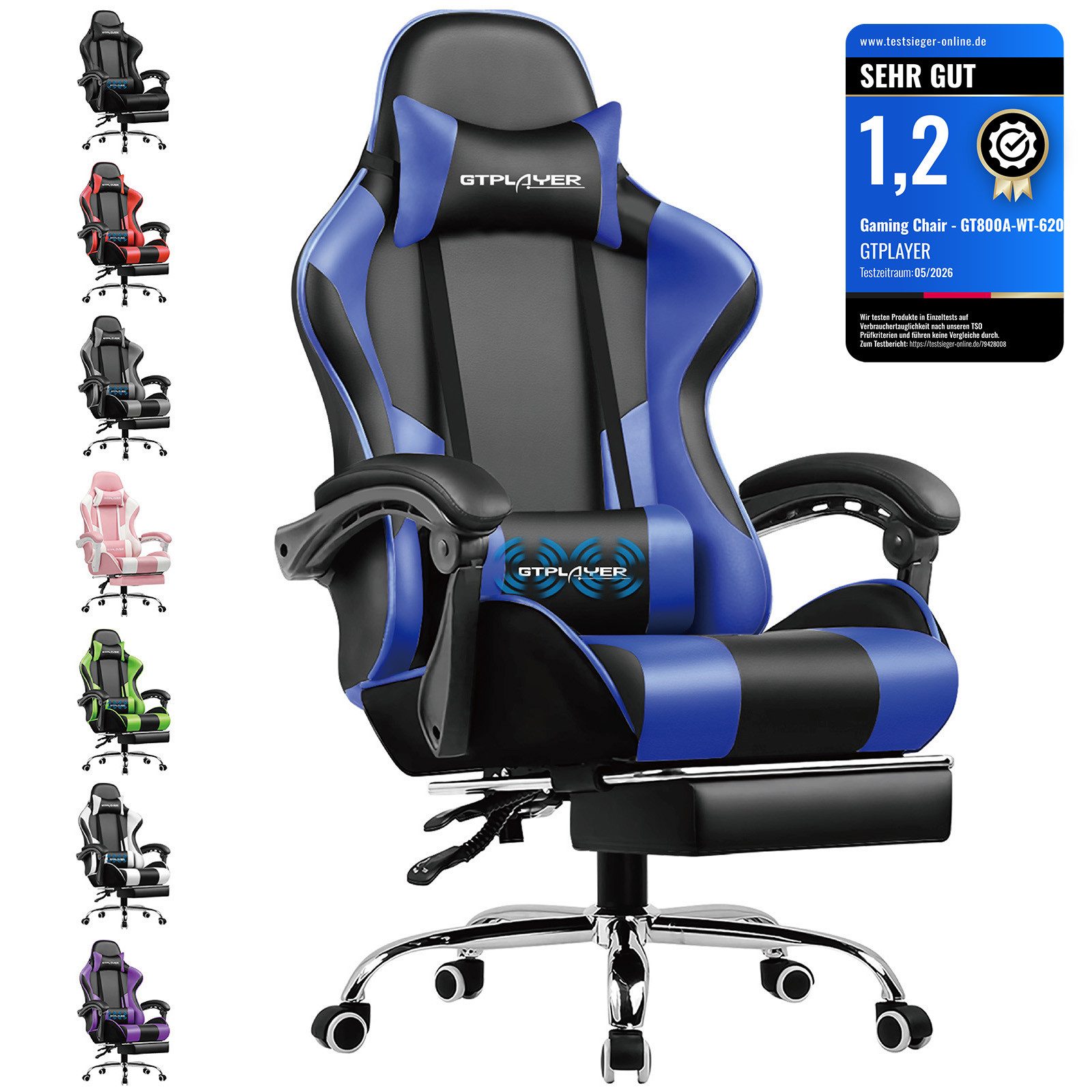 GTPLAYER Gaming-Stuhl Bürostuhl mit Massagefunktion, Fußstütze, Kopfstütze (Packung), Ergonomischer Gamer Stuhl Maximale Belastung 150 kg, 360° drehbar