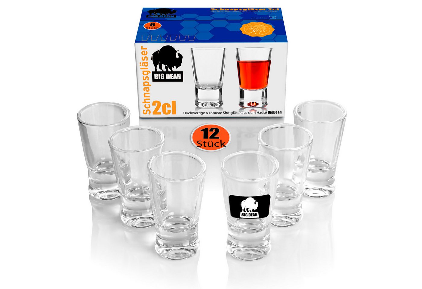 BigDean Schnapsglas 2cl in Geschenkbox – hochwertige Shotgläser lebensmittelecht, 12-tlg., Glas, Robustes Glas, Langlebige Qualität, Elegante Form, Vielseitig.