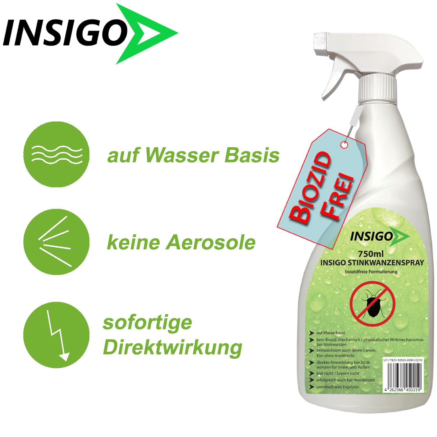INSIGO Insektenspray Stinkwanzenspray, Wanzen, 1 l, biozidfreie Formel, auf Wasserbasis, geruchsarm, brennt / ätzt nicht