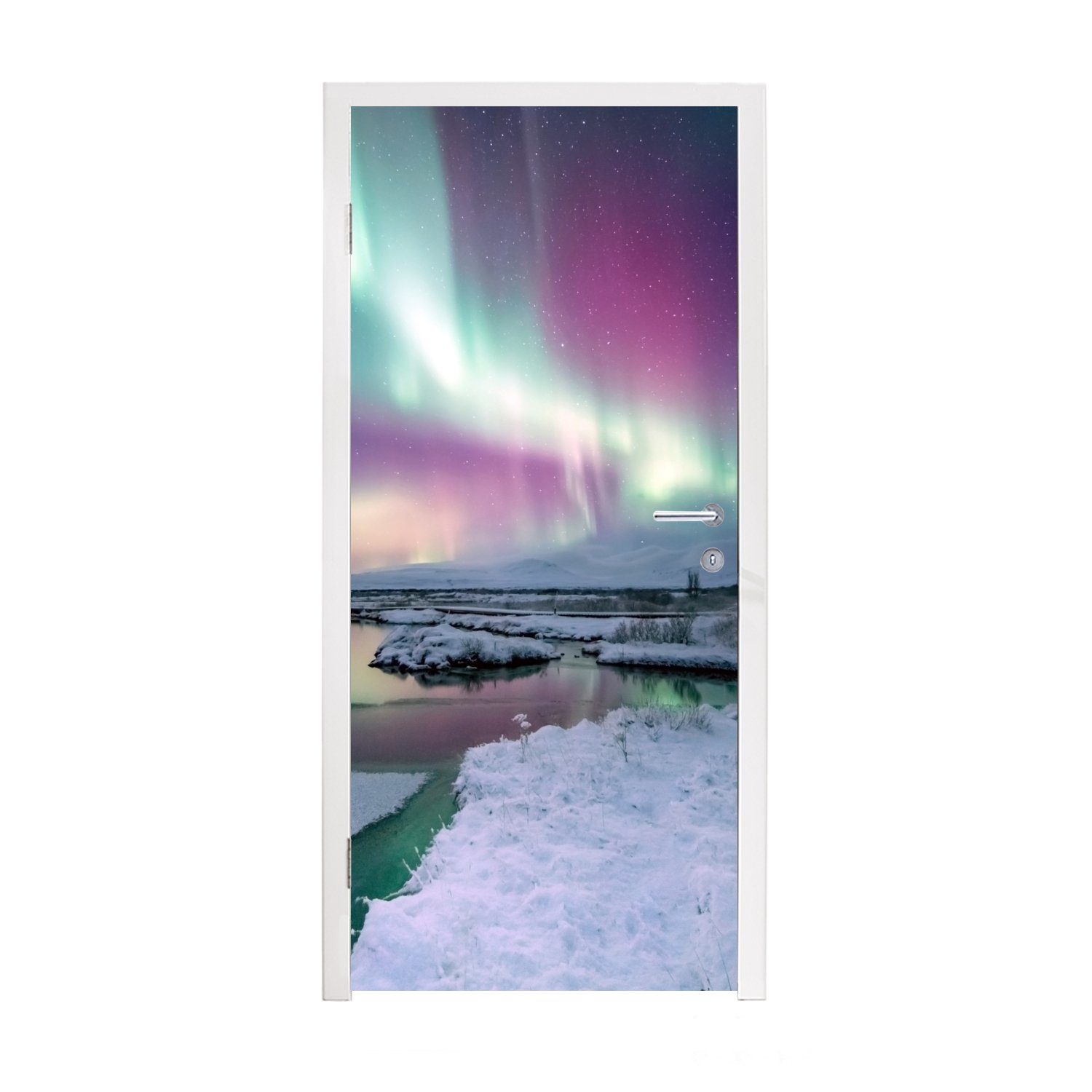 MuchoWow Türtapete Nordlichter - Eis - Schnee, Matt, bedruckt, (1 St), Fototapete für Tür, Türaufkleber, 75x205 cm