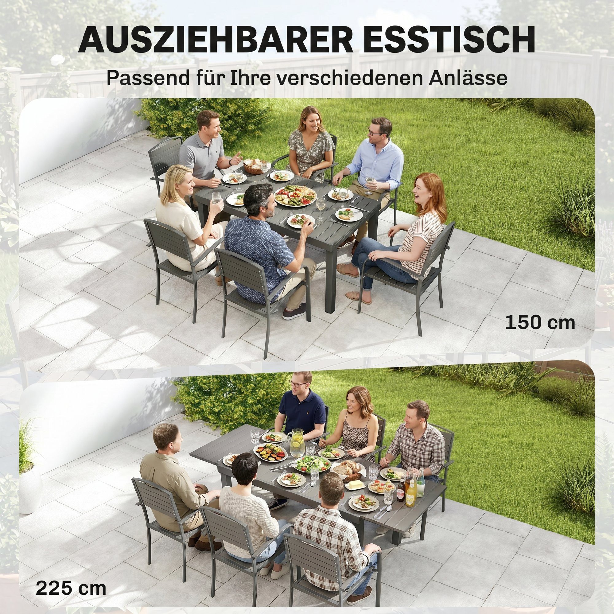 Outsunny Garten-Essgruppe Ausziehbar Tisch mit 6 stapelbaren Stühlen, Holzoptik, wetterfest, (Sitzgruppe, 7-tlg., Gartenmöbel Set), für Garten Balkon Terrasse G – Bild 4 von 5