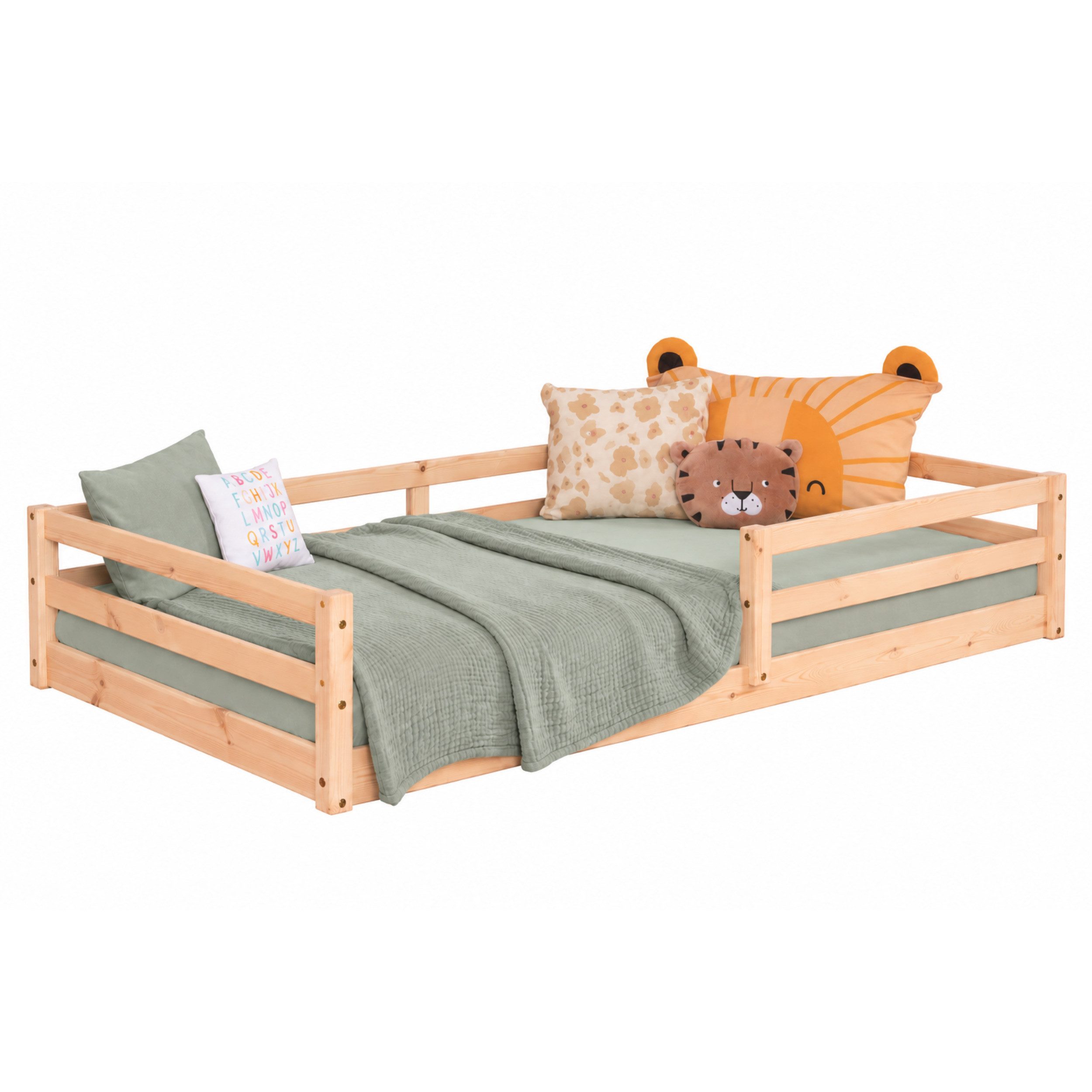 Ticaa Kinderbett Neo Hausbett Bodenbett mit Rausfallschutz 150kg (90x200 aus Kiefer Massivholz), inkl. stabilem Roll-Lattenrost, Natur