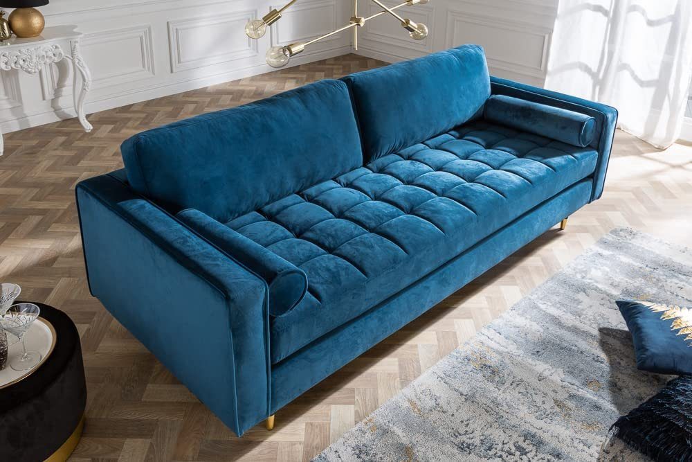 LebensWohnArt Sofa Modernes 220cm blau Samt Federkern Sofa COMFORT 3er
