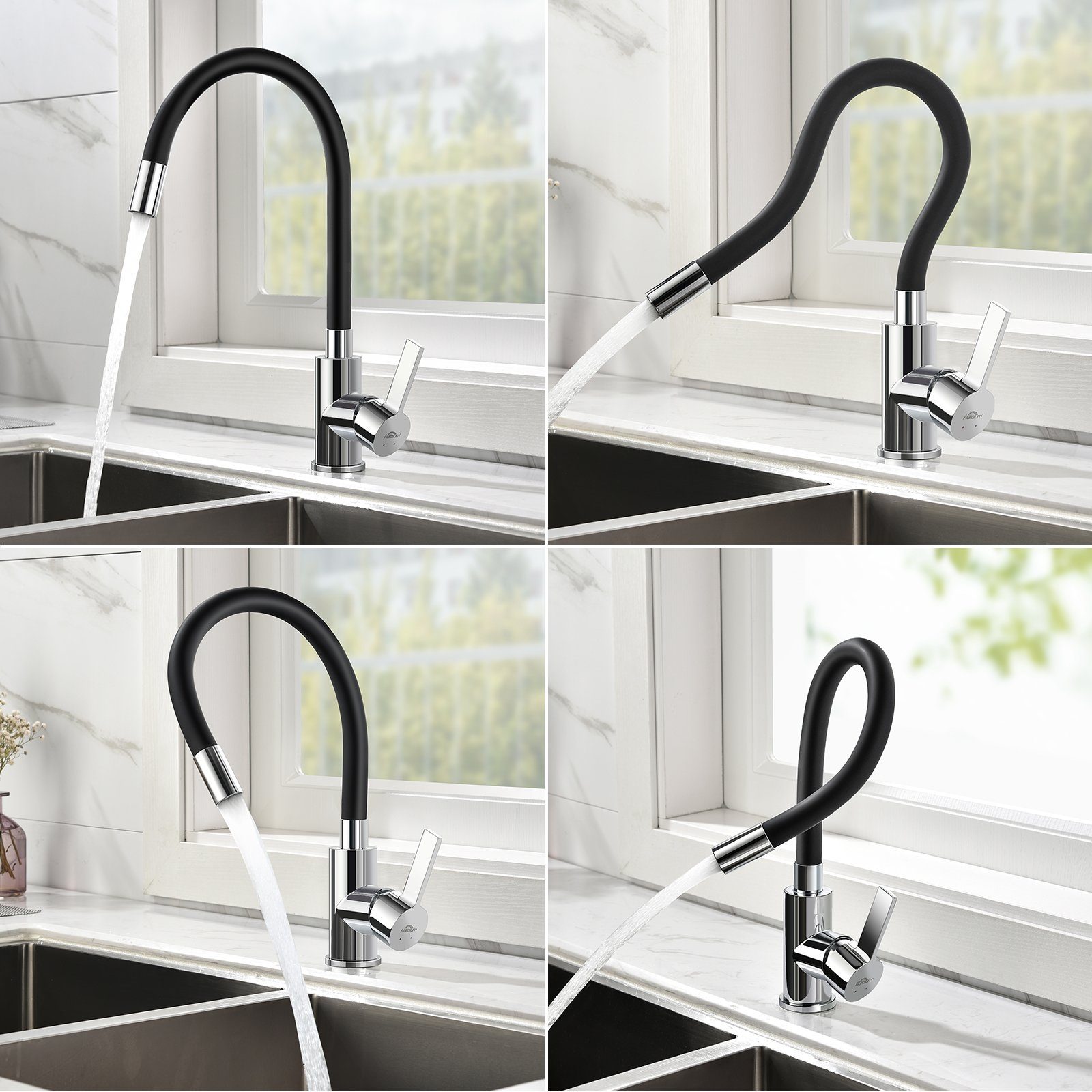 Auralum Küchenarmatur Hochdruck Küchenarmatur Wasserhahn mit 360° Flexibler Auslauf Schwarz
