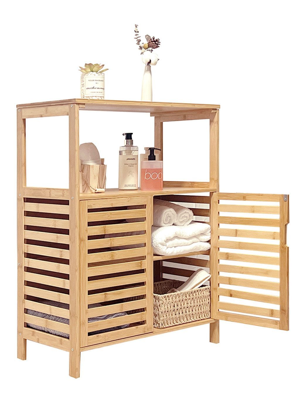 WAOHO Badkommode Badezimmerschrank aus Bambus, Aufbewahrungsschrank mit 9 Trennwänden