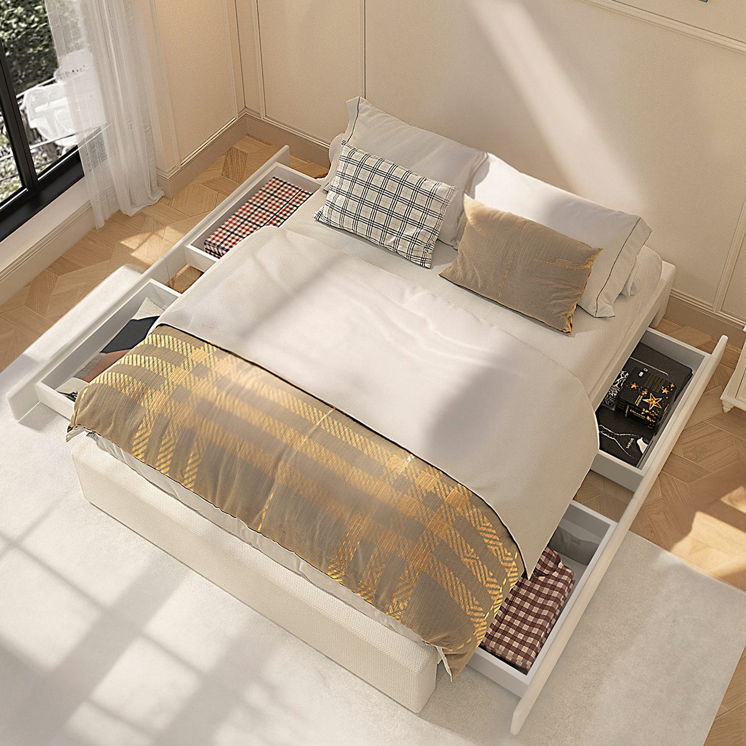 oyajia Polsterbett Doppelbett 140x200cm, Stauraumbett mit Lattenrost und 4 günstig online kaufen