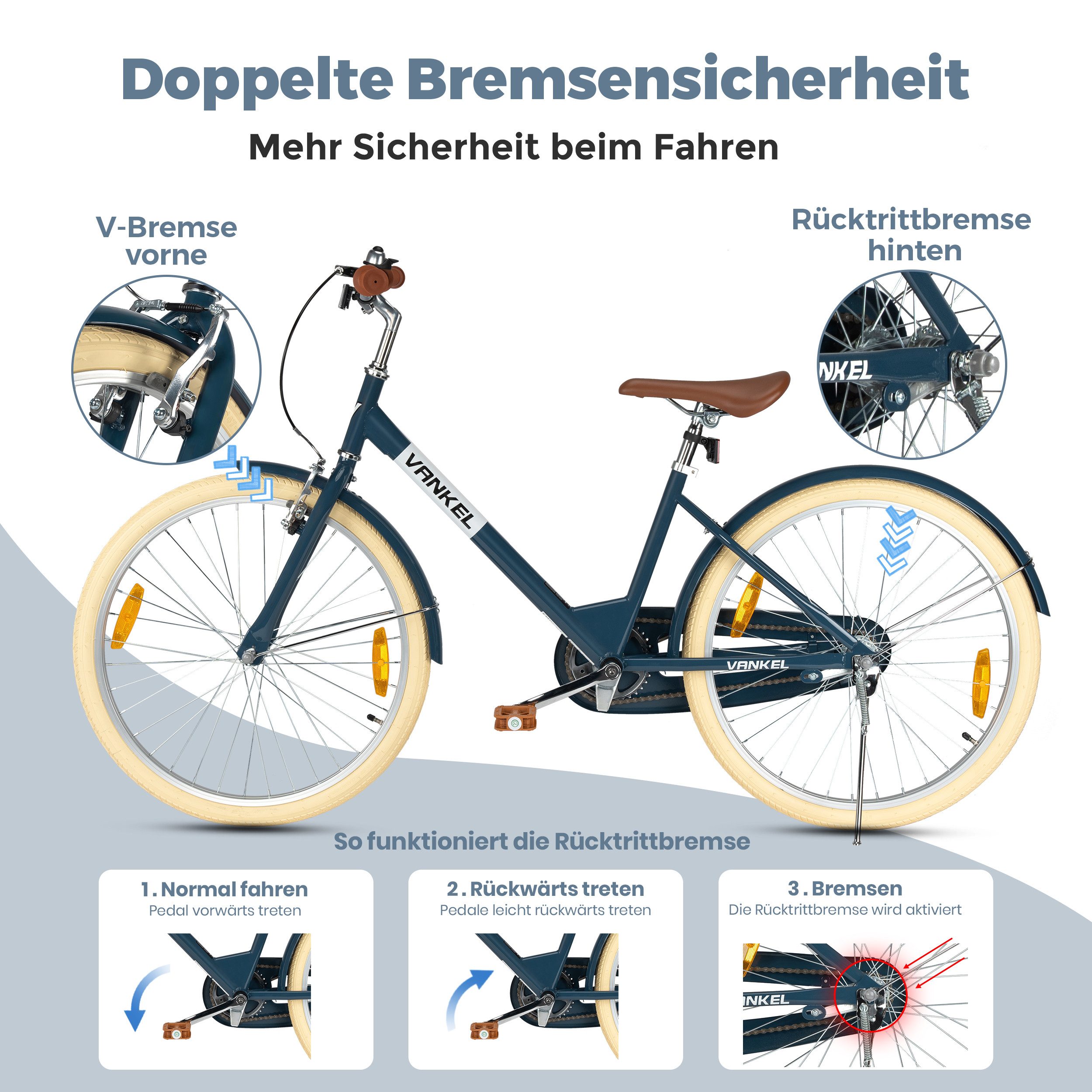 Vankel Kinderfahrrad 24 Zoll, 130-155 cm, Rücktrittbremse, Kettenschutz, 1 Gang, 8-12 Jahre, Blau, V-Brake vorne, Reflektoren, Seitenständer