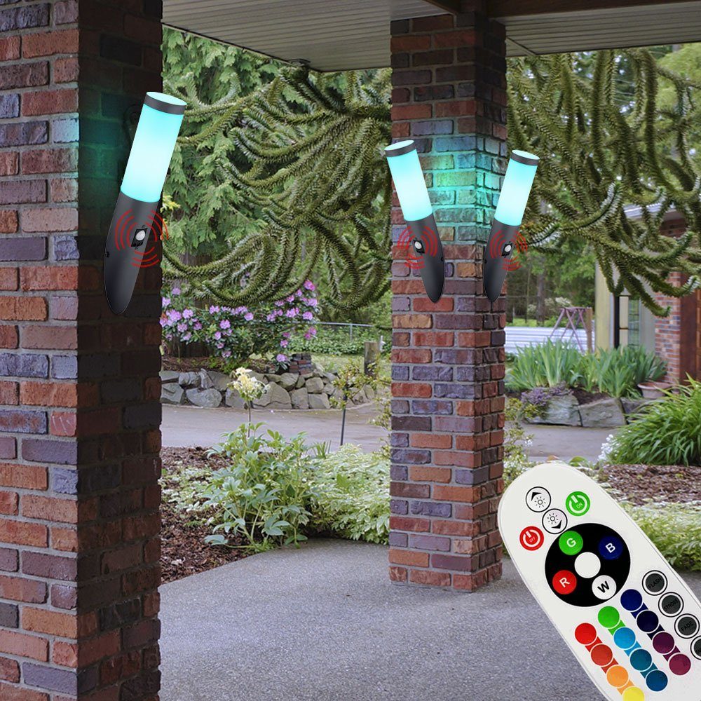 etc-shop LED Außen-Stehlampe, 2er Garten Wand FERNBEDIENUNG Fackel inklusive, Leuchtmittel Warmweiß, Leuchten Farbwechsel, Set Edelstahl Lampen