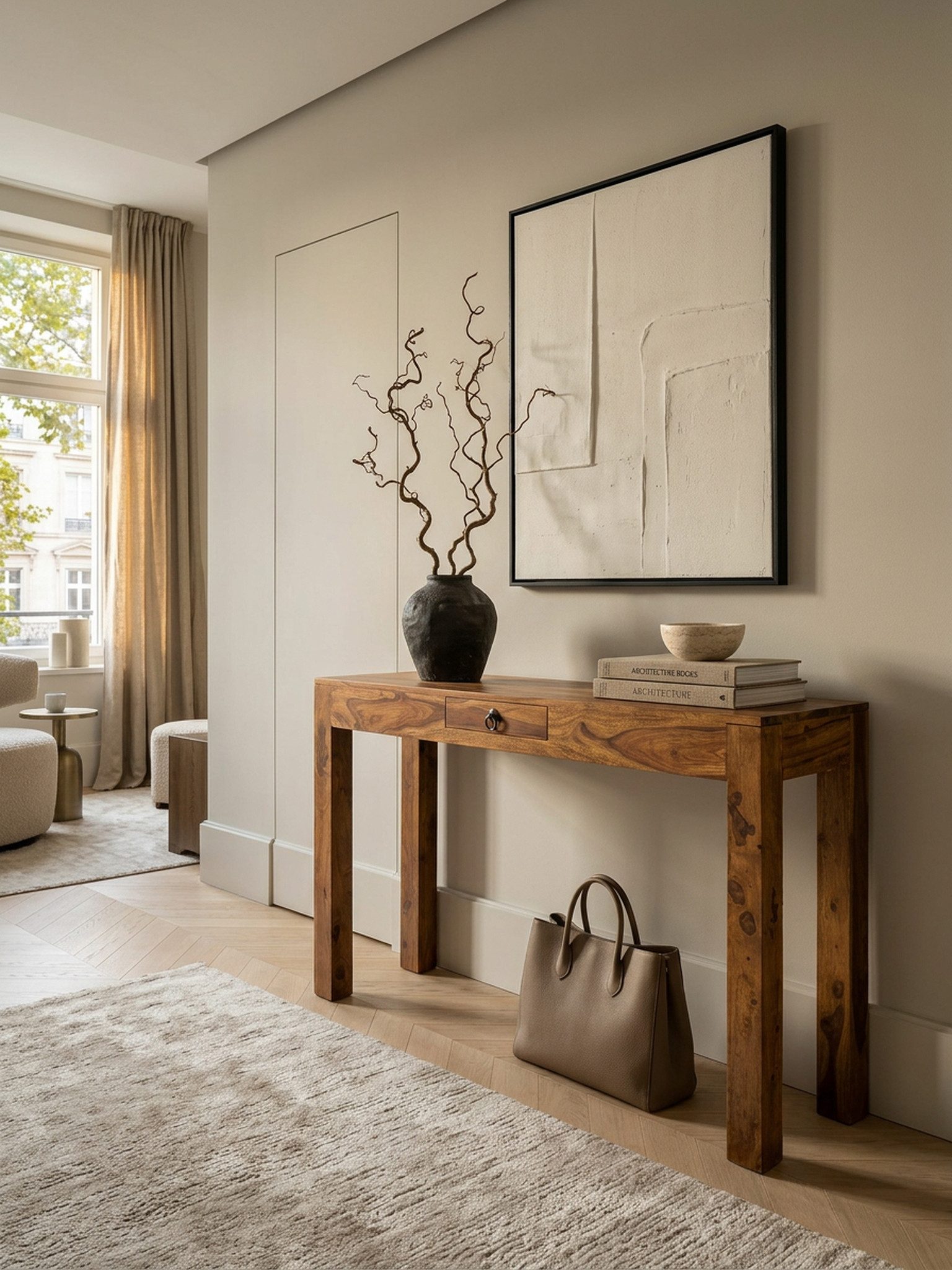 KADIMA DESIGN Konsolentisch Konsolentisch MUMBAI Massivholz Konsole mit 1 Schublade Flur Diele, Schreibtisch 120 x 40 cm Landhaus-Stil Sideboard