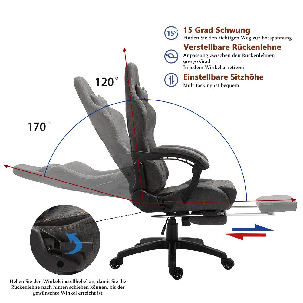 Dowinx Gaming-Stuhl Luxuriöser Chefsessel Ergonomisch aus PU Leder (Packung), Massage-Lendenstütze & Fußstütze, Verstellbarer Bürostuhl 90°-170°