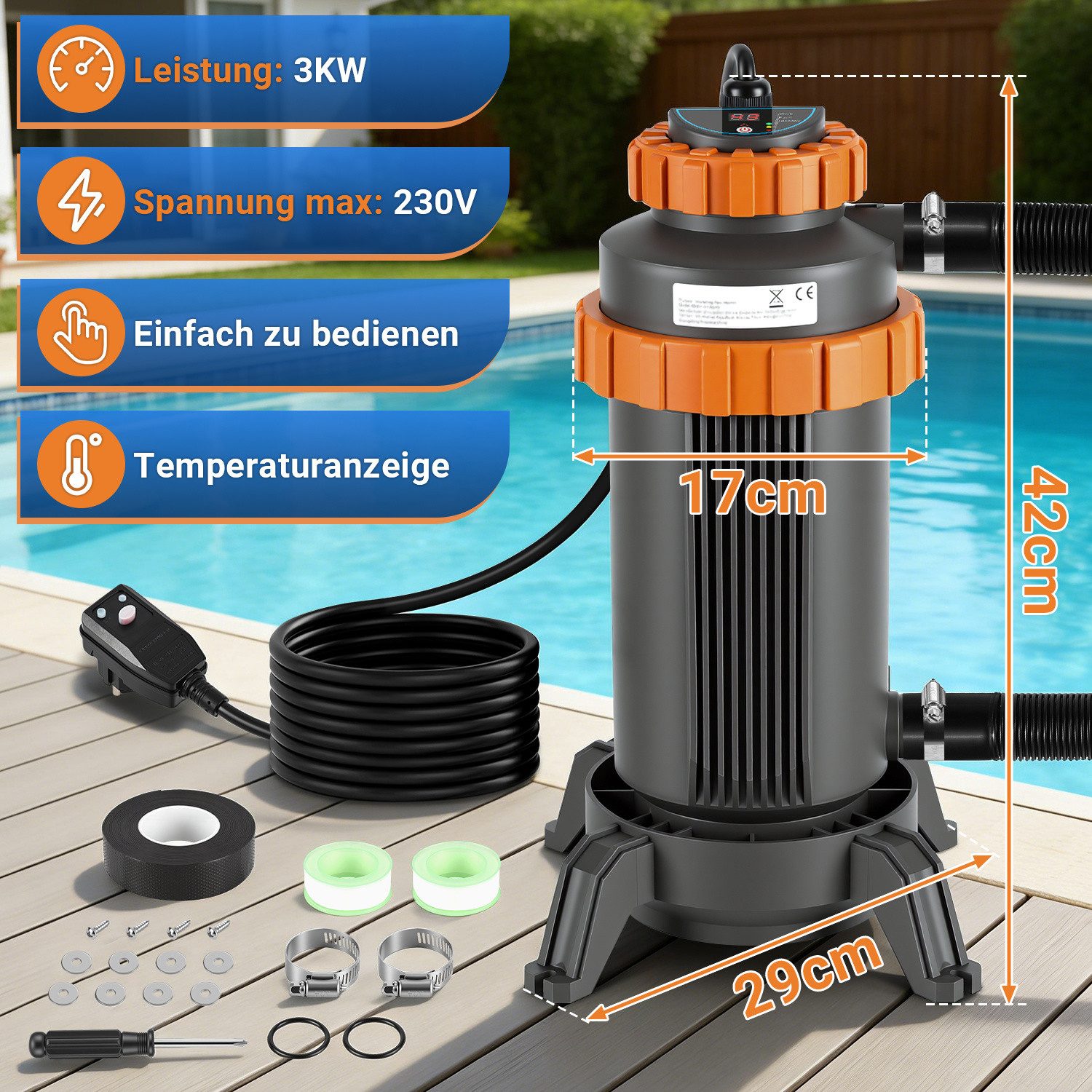 Clanmacy Pool-Wärmepumpe Poolheizung für Pools Wärmetauscher Schwimbad 3KW Schwimmbadheizer