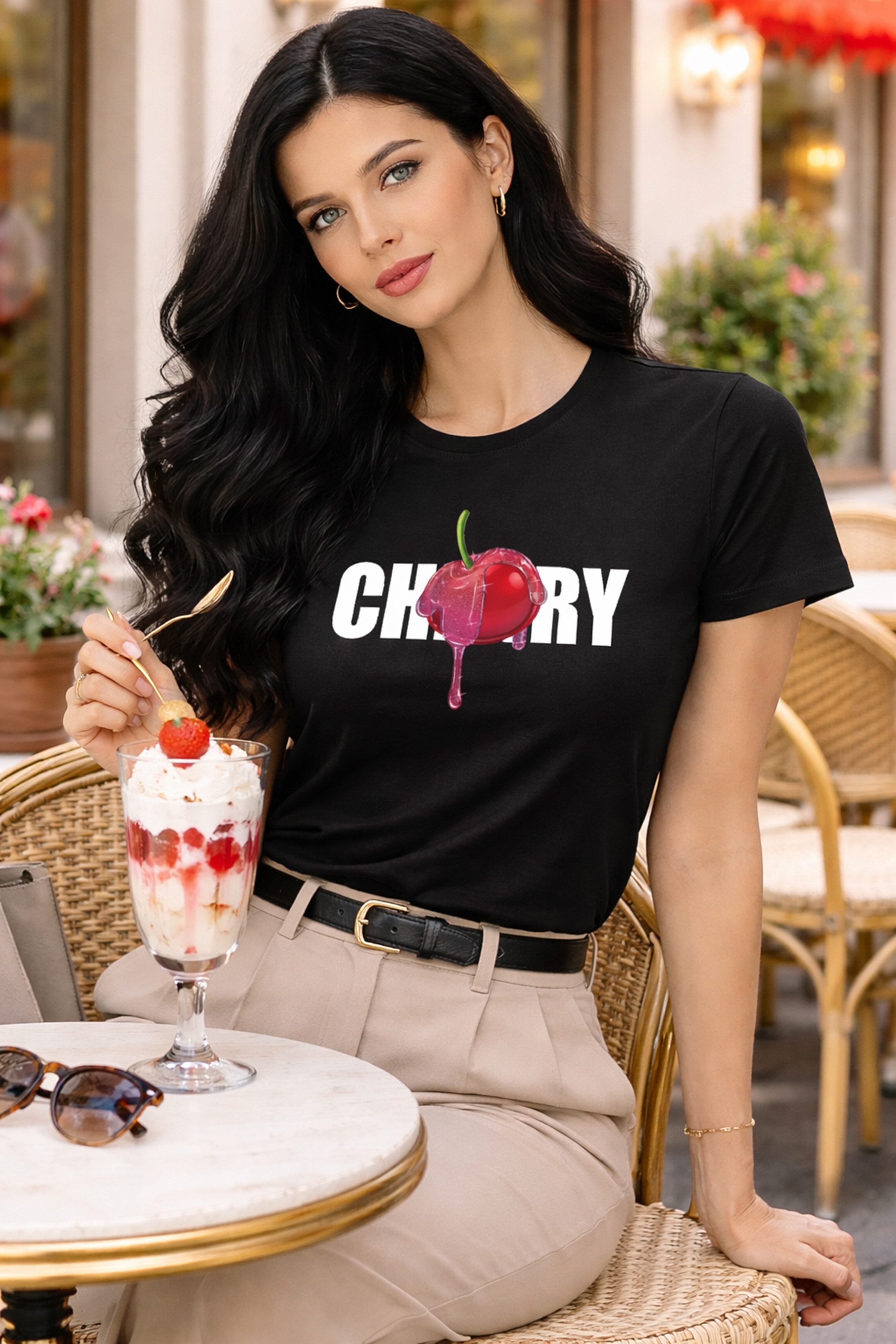 Banco T-Shirt Damen Cherry Drip Moderner Print Baumwolle Slim Fit Rundhals (Einzelartikel) Damen T-Shirt Cherry Print Baumwolle Rundhals Slim Fit Kurzarm – Bild 2 von 5