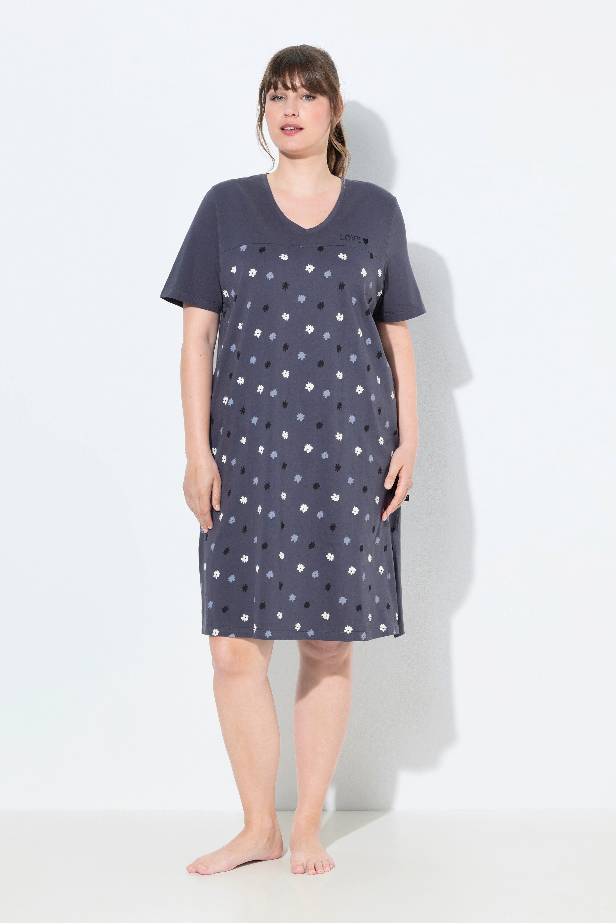 Ulla Popken Bigshirt Bigshirt Blüten Stickerei V-Ausschnitt Halbarm