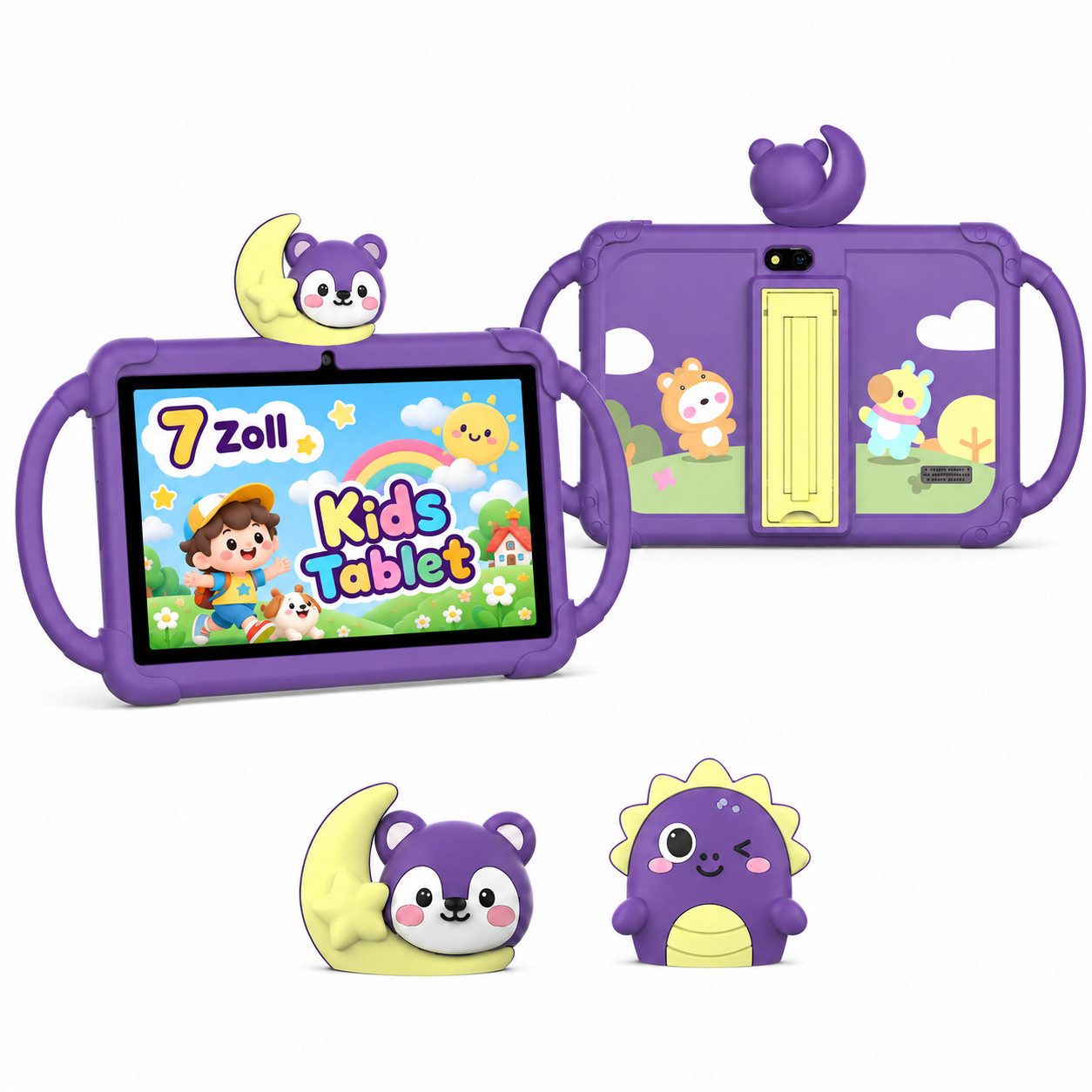 VekfulPC 7" Kindertablet mit abnehmbarer Cartoon-Kopf HD WiFi Tablet (7", 32 GB, 3000 mAh, laute Lautsprecher, Sturz- und spritzwasserfest)