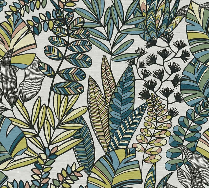 A.S. Création Vliestapete Antigua Tapete Floral, geprägt, matt, (1 St), Pflanzen Tapete mit Blättern Retro Bunt