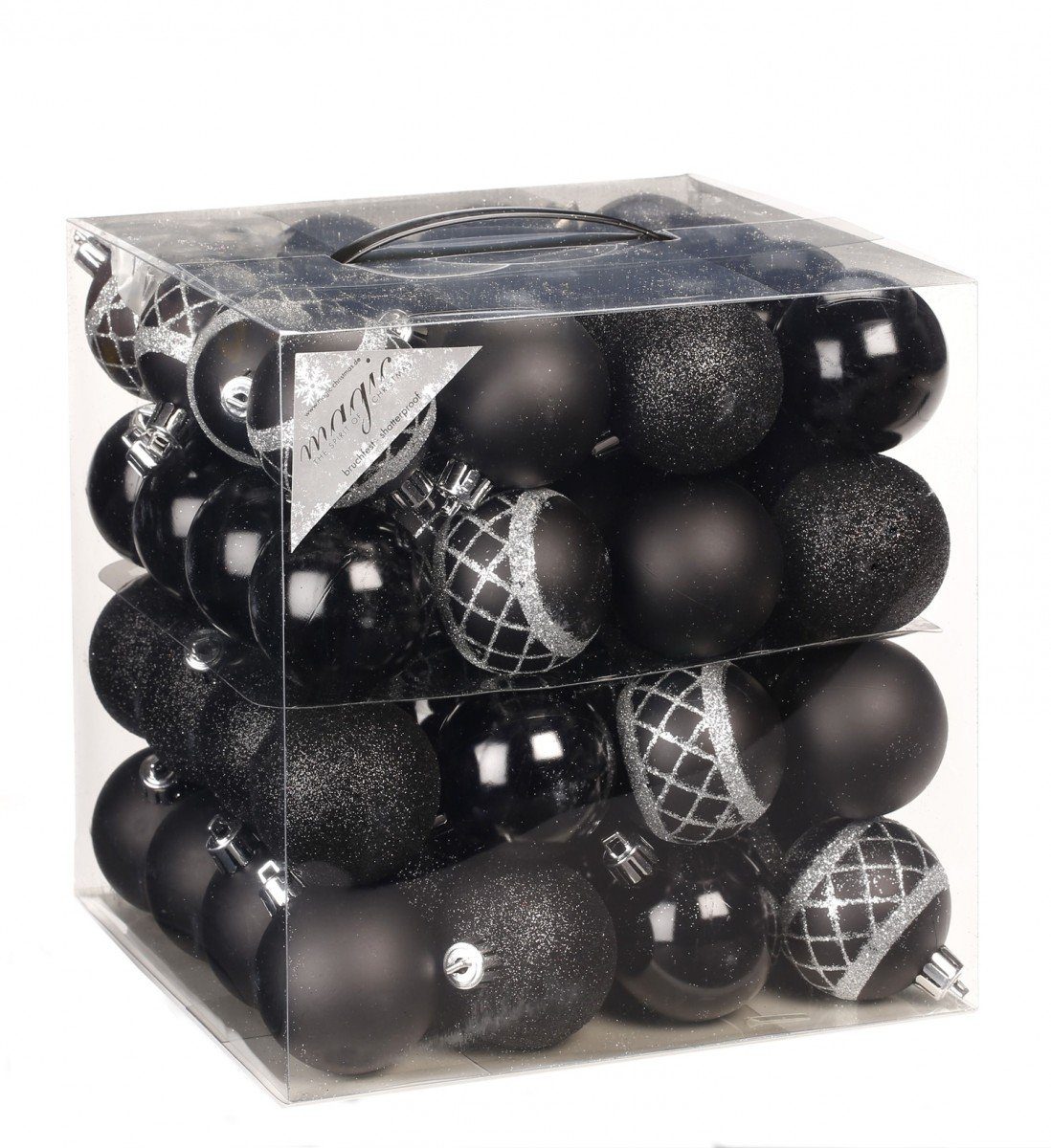 JACK Christbaumschmuck 64x Kunststoff Christbaumkugeln Ø 6cm Baum Kugeln inkl. Aufhänger, Mit praktischer Aufbewahrungsbox, Optik: matt / glänzend / glitzernd