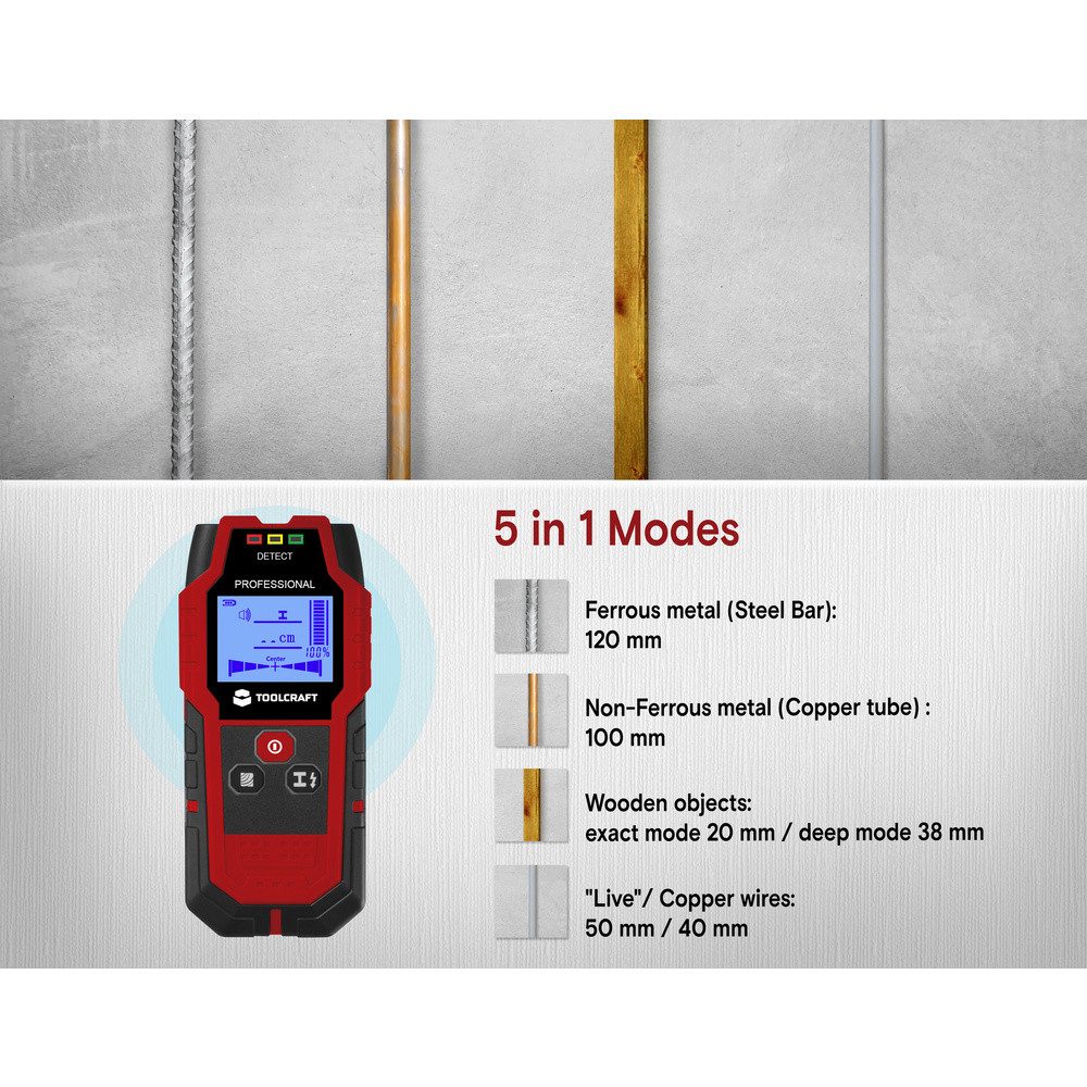 TOOLCRAFT Leitungsortungsgerät TOOLCRAFT Ortungsgerät TO-9627699 Ortungstiefe (max) 12 m Geeignet