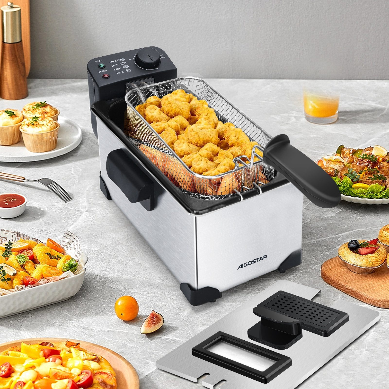 Aigostar Fritteuse Semi-professionelle Fritteuse, Edelstahl, 2200W, 3L