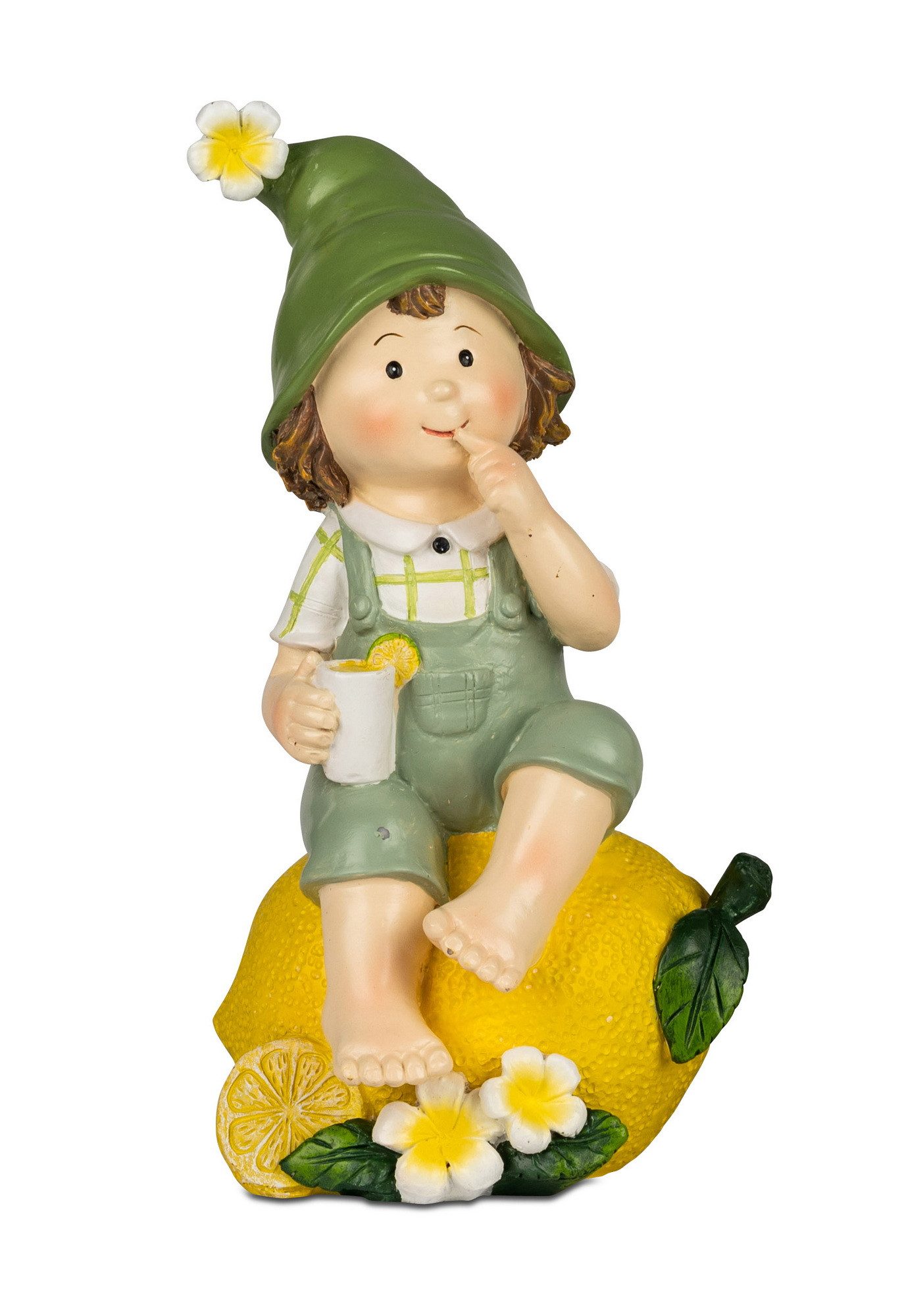 Dekofigur Deko Wichtel Kind Figur Junge mit Zitrone Mädchen Skulptur Zwerg Blume