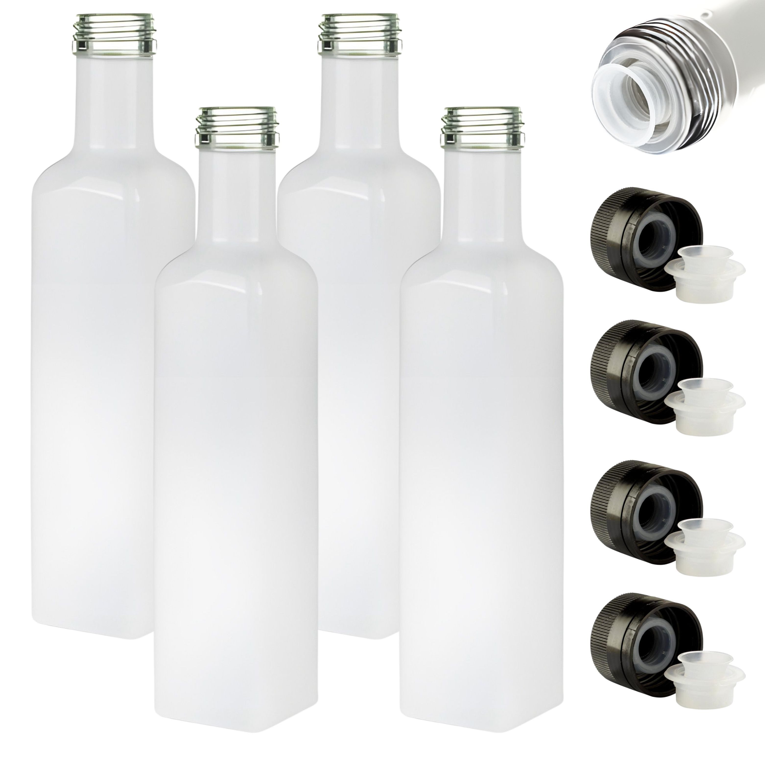 Ölspender 4 Ölflaschen 250 ml mit Ausgießer weisse Glasflasche & Etiketten