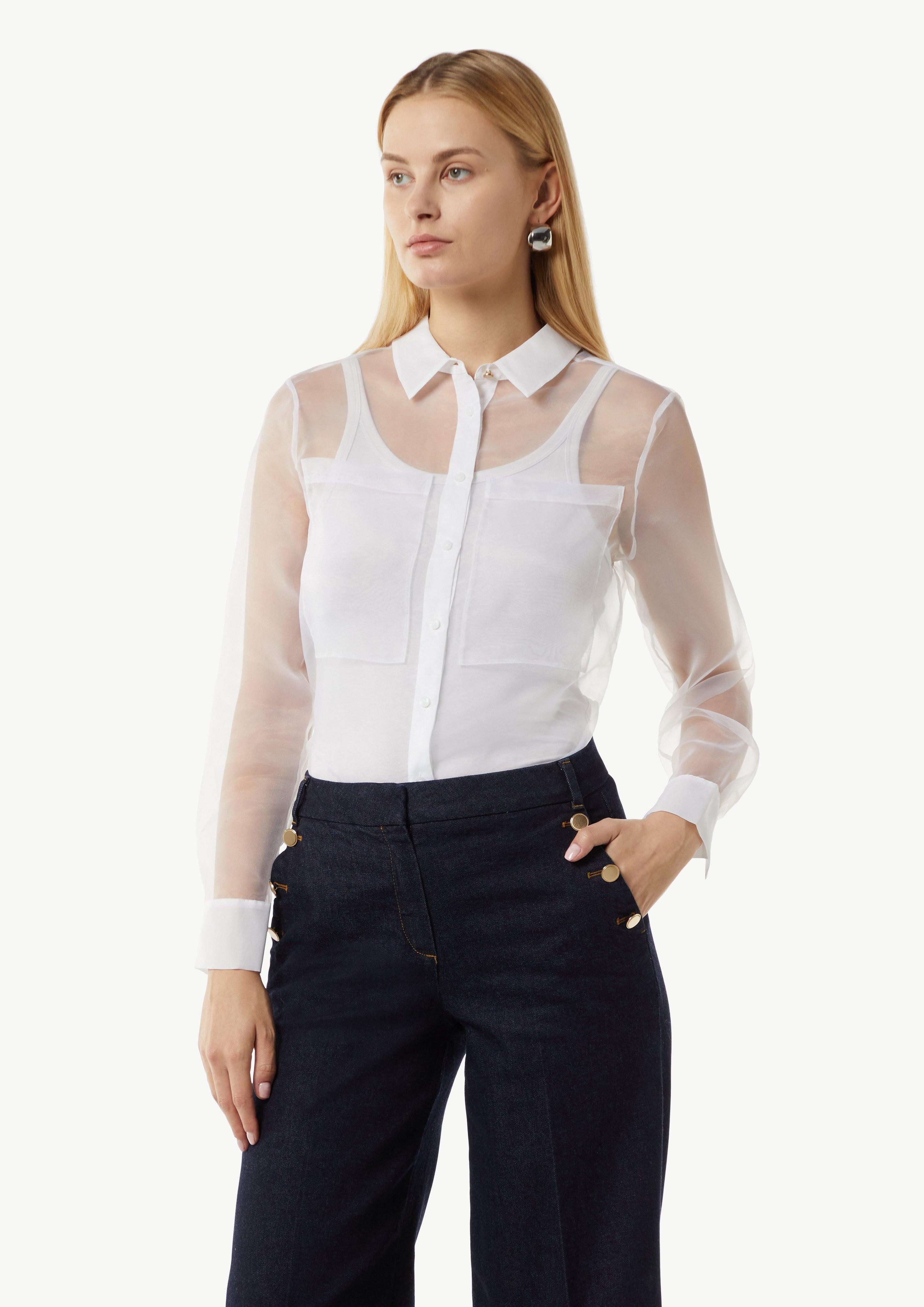 Langarmbluse Transparente Organza-Bluse mit aufgesetzten Taschen
