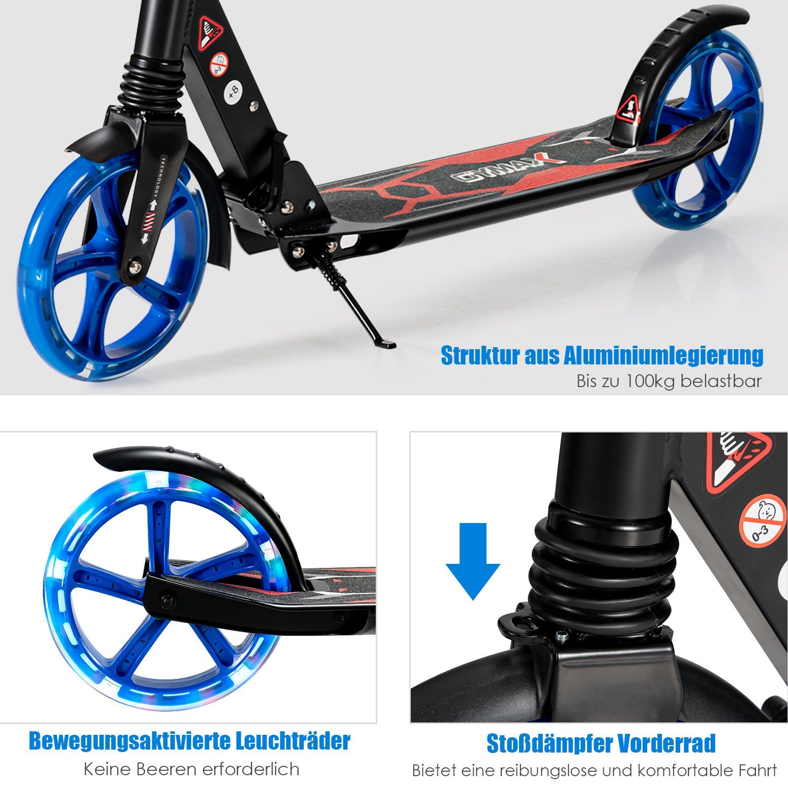 COSTWAY Scooter Tretroller, mit Leuchten, höhenverstellbar, klappbar