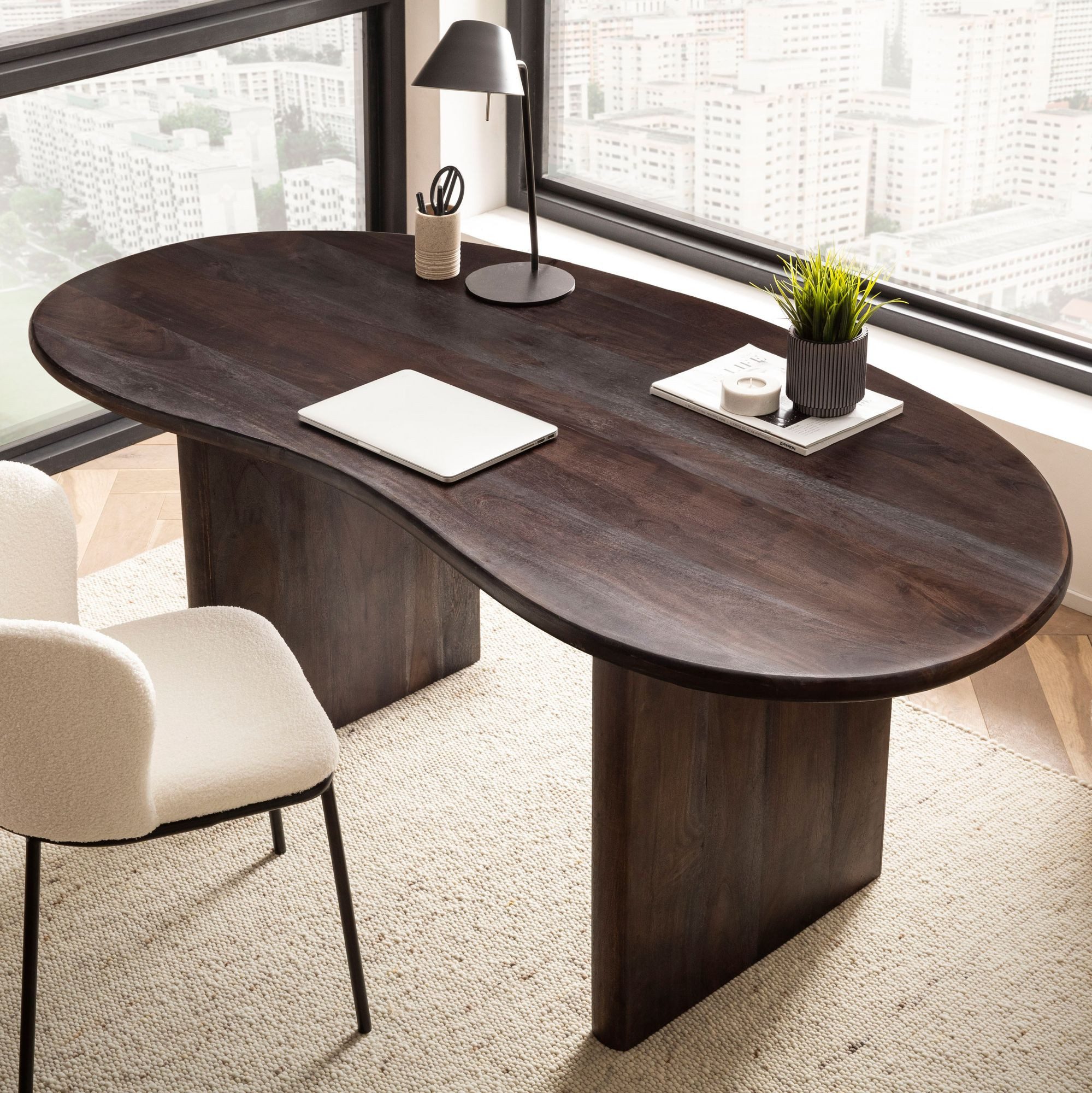 FINEBUY Schreibtisch FB66313 Computertisch 180 cm Massivholz Bürotisch Nierenform (180x90x75 cm Akazie Massivholz, Holztisch Retro), Computertisch Home Office, Bürotisch Nierenform