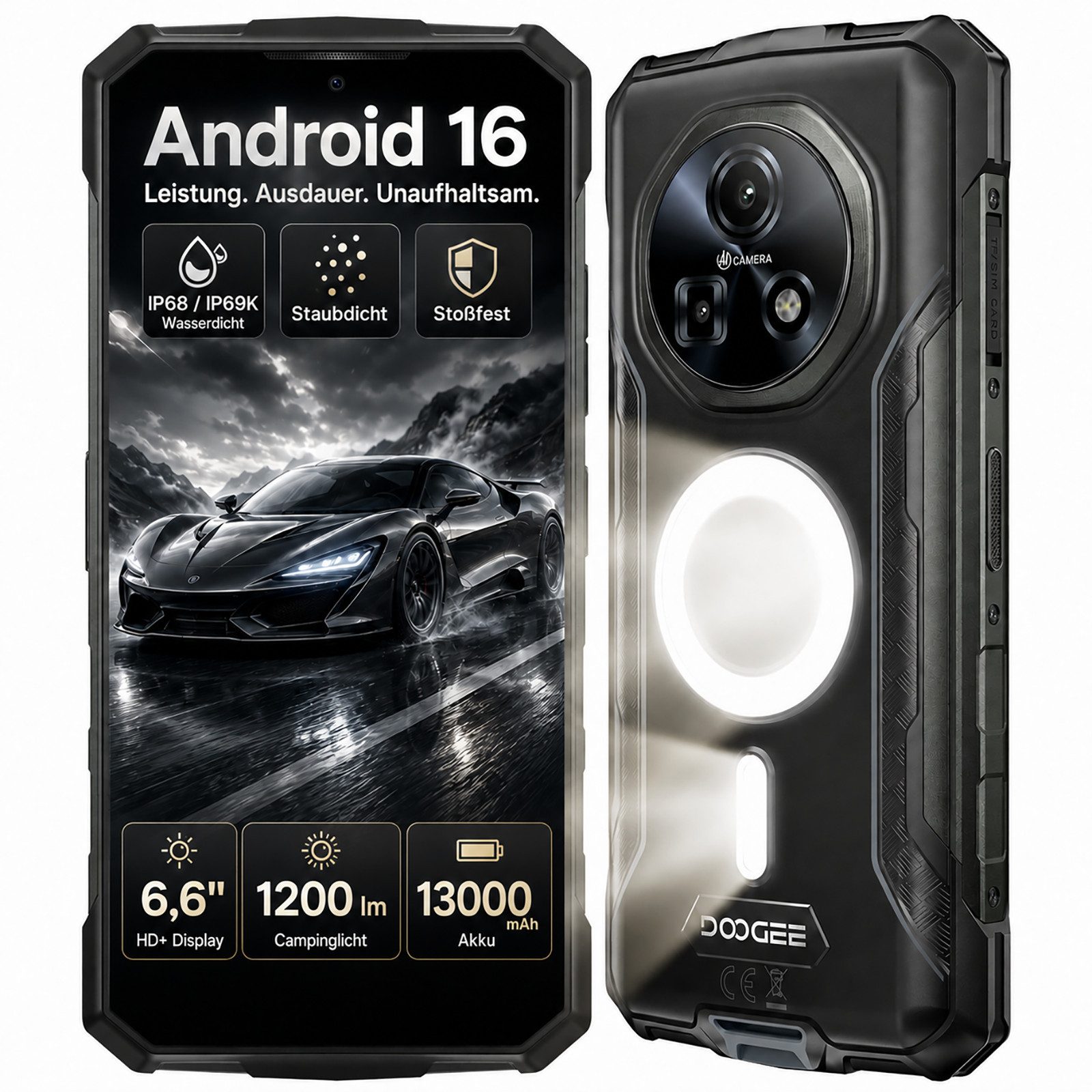DOOGEE Robustes 4G Outdoor Smartphone FIRE5ULTRA 6+128GB Android 16 NFC Smartphone (16,66 cm/6,56 Zoll, 128 GB Speicherplatz, 48 MP Kamera, GPS-Ortung, 4G, WLAN, SOS, Videochat, IP68, Bluetooth)