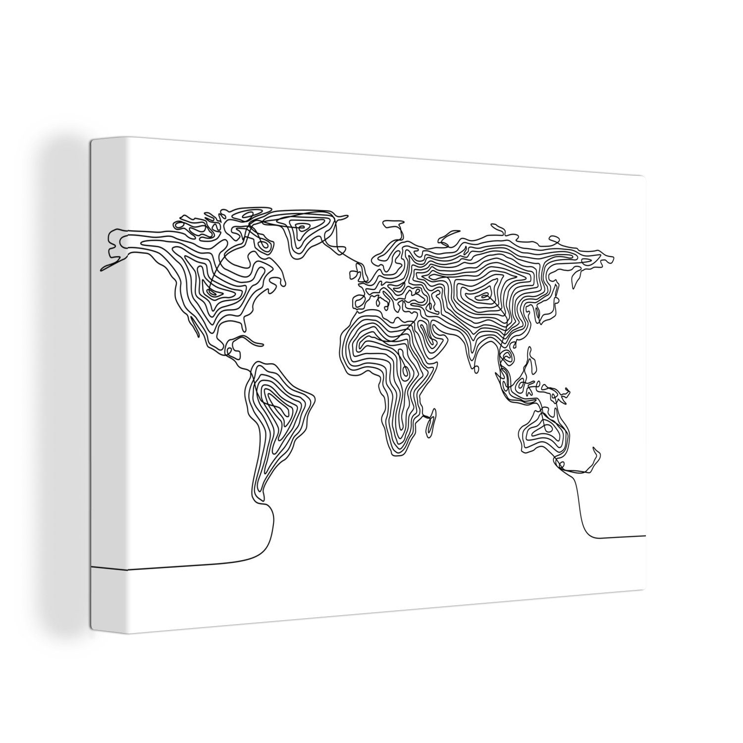 OneMillionCanvasses® Leinwandbild Weltkarte - Schwarz - Weiß - Linie, (1 St), Wandbild Leinwandbilder, Aufhängefertig, Wanddeko, 30x20 cm