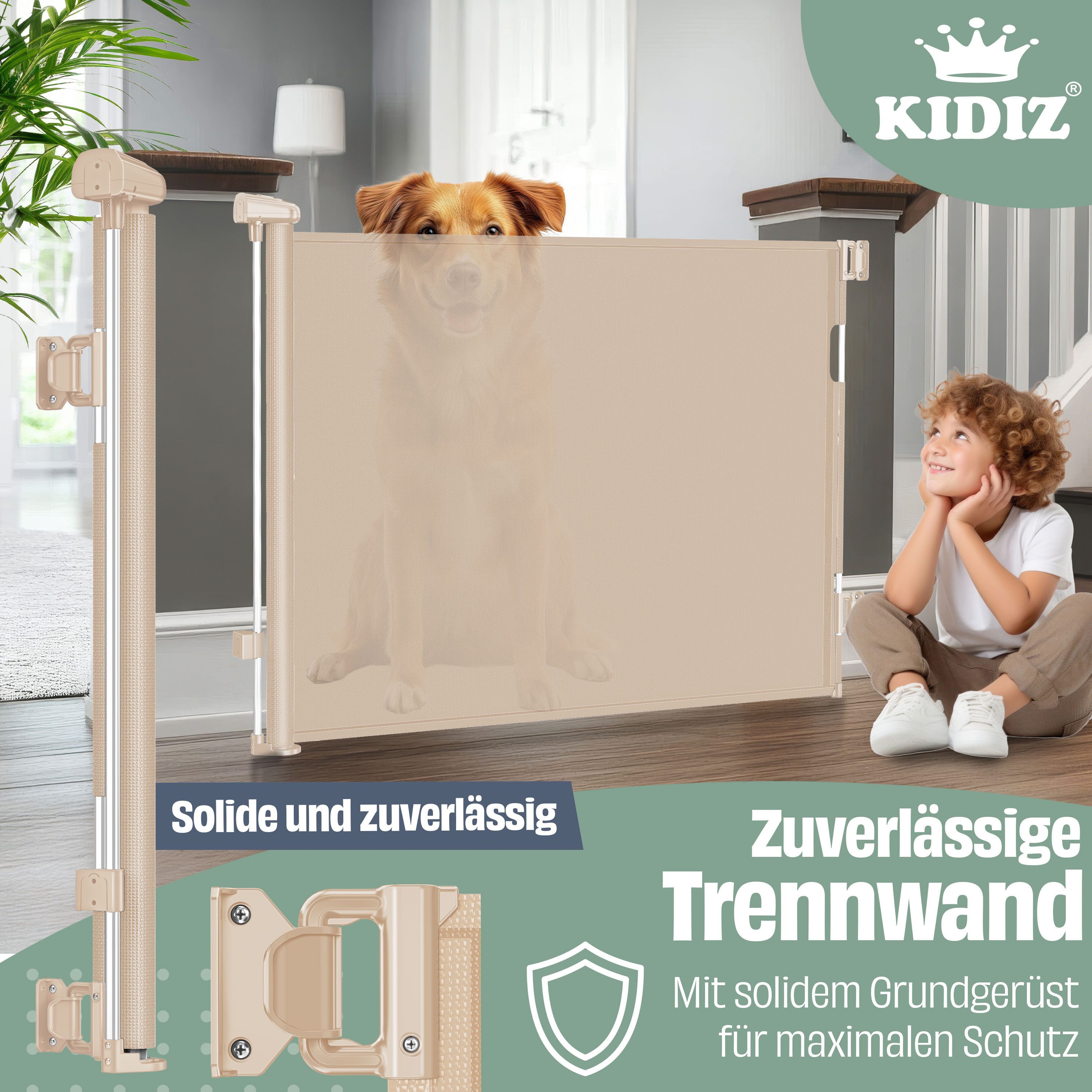KIDIZ Türschutzgitter Treppenschutzgitter ausziehbar bis 140cm für Kinder, Babys & Haustiere (Schutzgitter für Treppen & Türen inkl. Bodenanker & Montagezubehör), Raumtrennung Absperrgitter kindersicheres Treppengitter