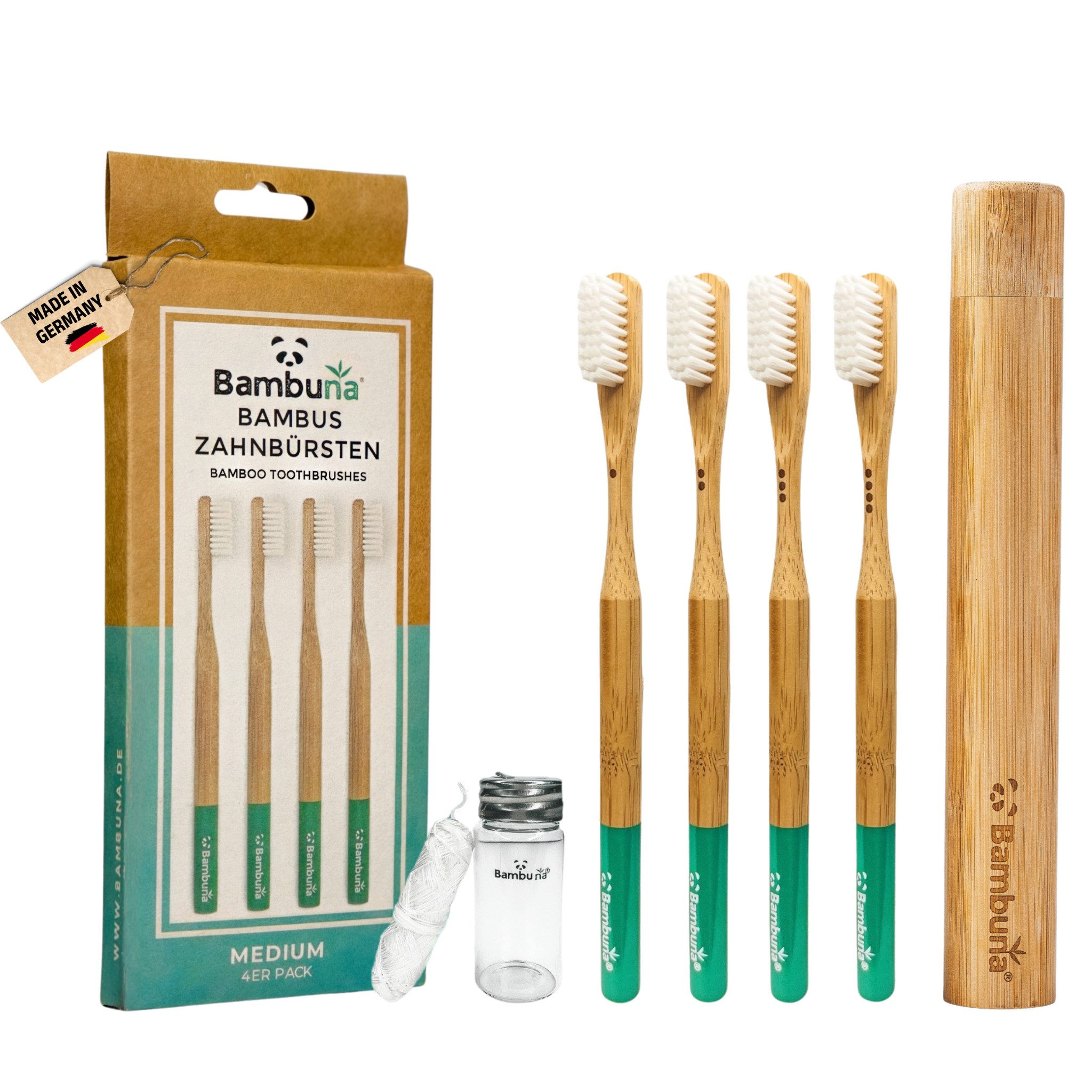 Bambuna Zahnbürste Bambus Зубные щетки 4er-Set mittelweich mit Reiseetui & Minz-Zahnseide, Umweltfreundliches Zahnpflege Set plastikfrei