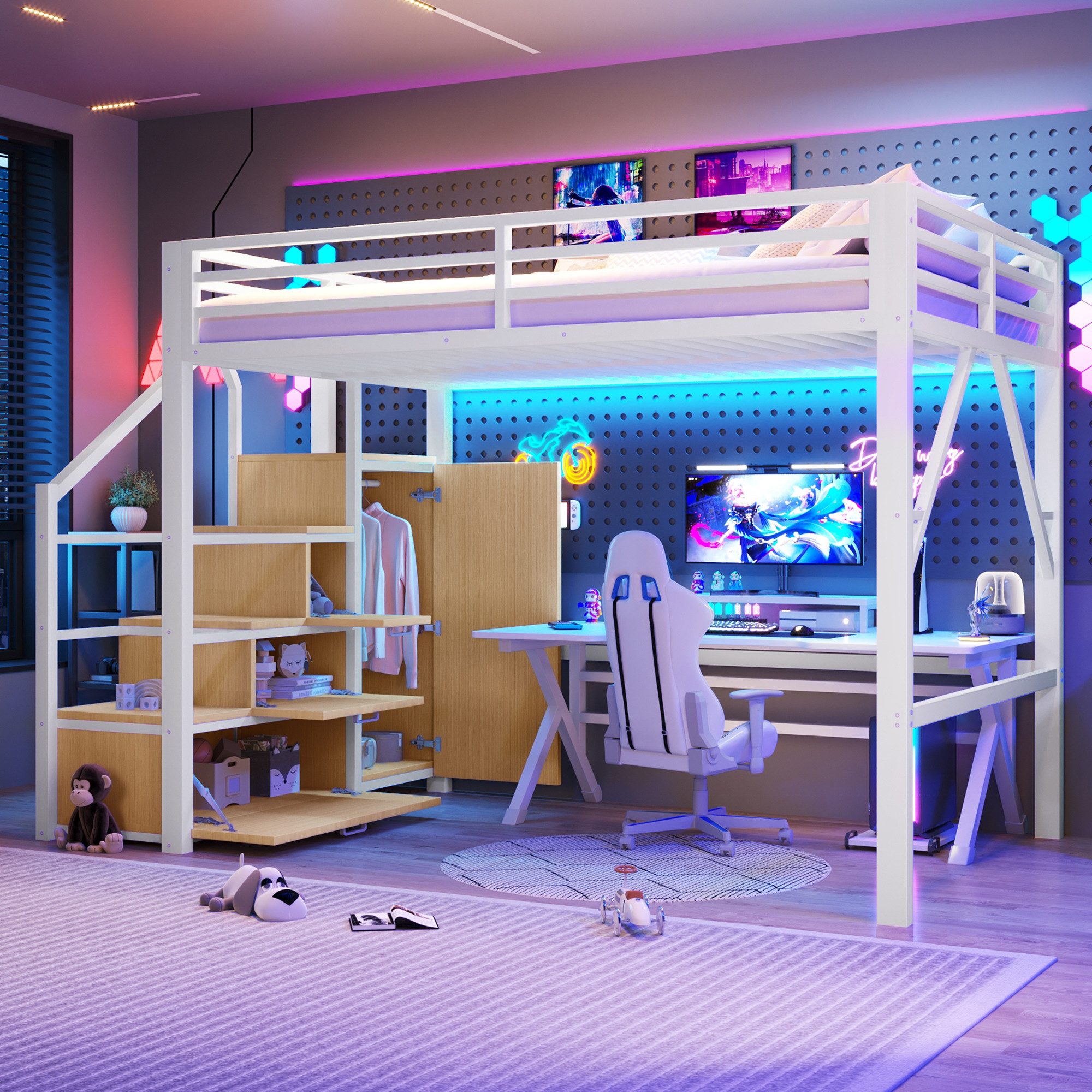 Merax Hochbett 140x200cm mit LED-Beleuchtung inkl. App-Steuerung (Jugendbett Einzelbett, 1-St) Metallbett Kinderbet mit Kleiderschrank Treppe Regalfächern Stauraum