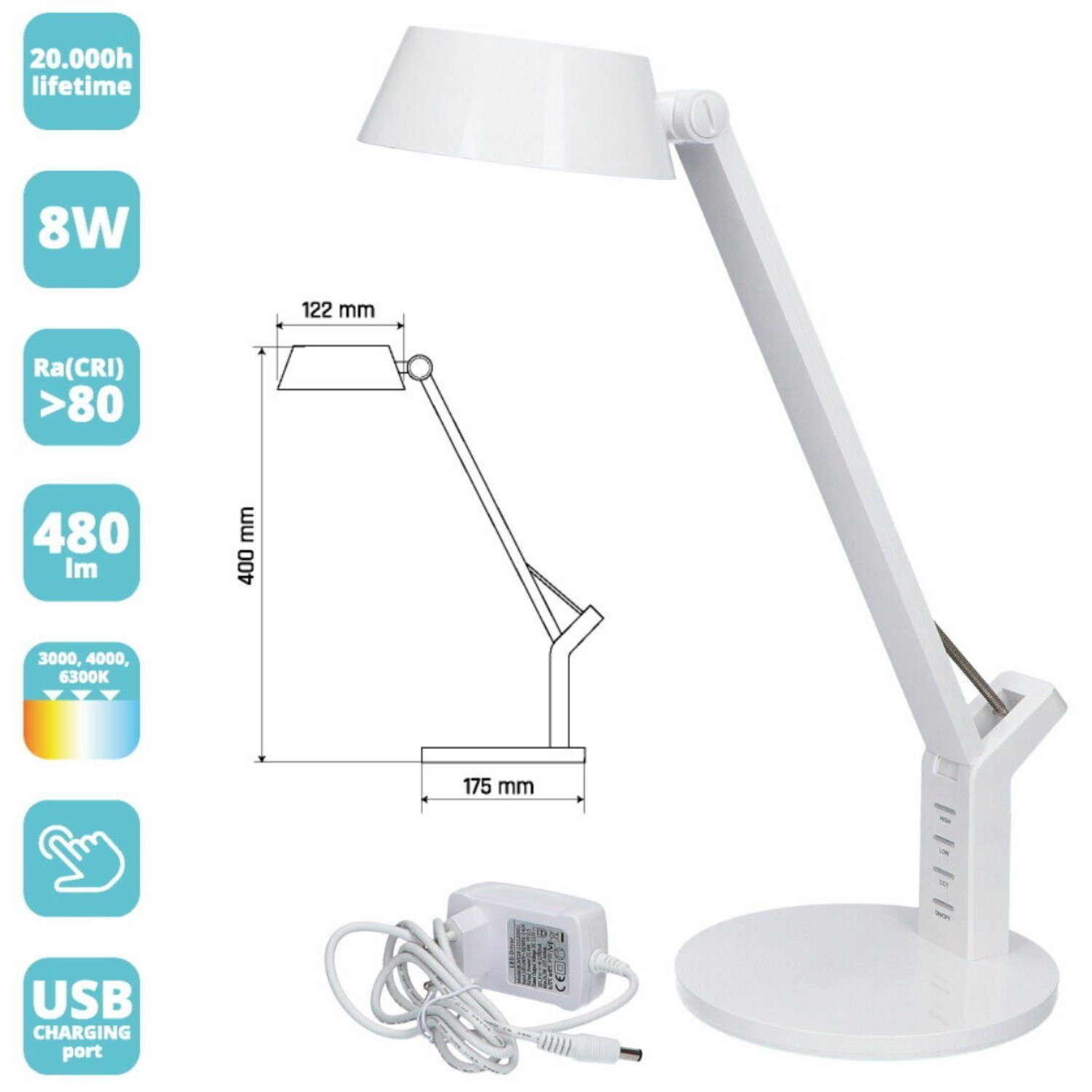 Maxcom Nachttischlampe Maxcom Weiß Dimmbare LED-Tischlampe 8W GlowPro